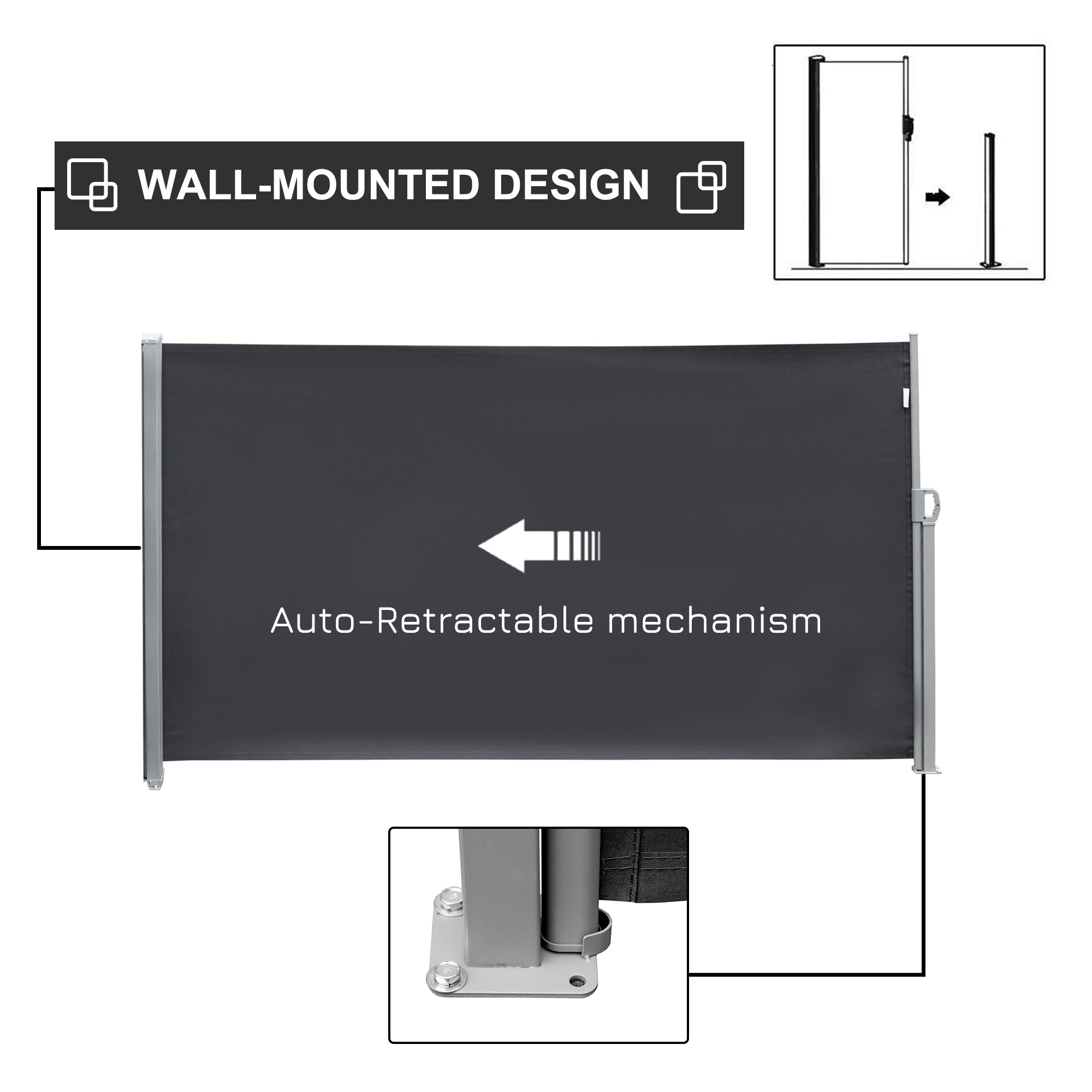 Outsunny 118" x 71" Outdoor Folding Privacy Screen Retractable Side Awning Patio with Resistance to UV Rays and Wind Grey