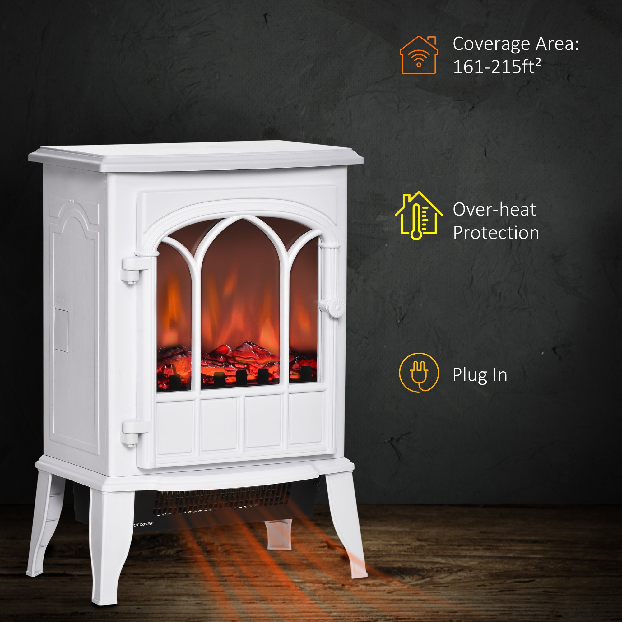 HOMCOM Electric Fireplace Stove, Freestanding Fireplace Heater with Realistic Flame, Adjustable brightness, Overheating Safety System, White