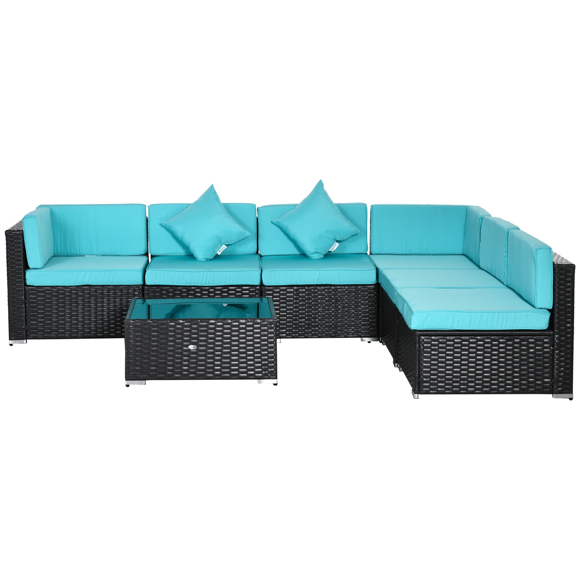 Outsunny 7 Pieces Patio Sofa Outdoor Wicker Sectional Patio Furniture, Deep Coffee & Light Blue