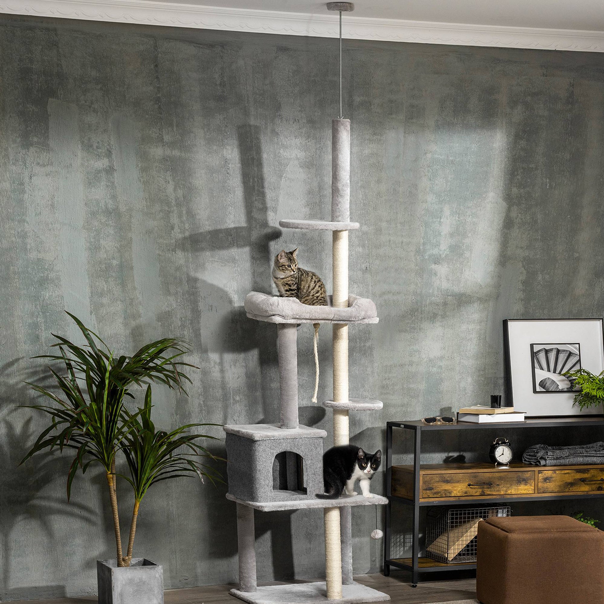PawHut Cat Tree Floor to Ceiling Cat Tower Height Adjustable( 85-101 Inches), Tall Large Cat Climbing Activity Center with Scratching Posts Cat Condo Cozy Bed, Grey