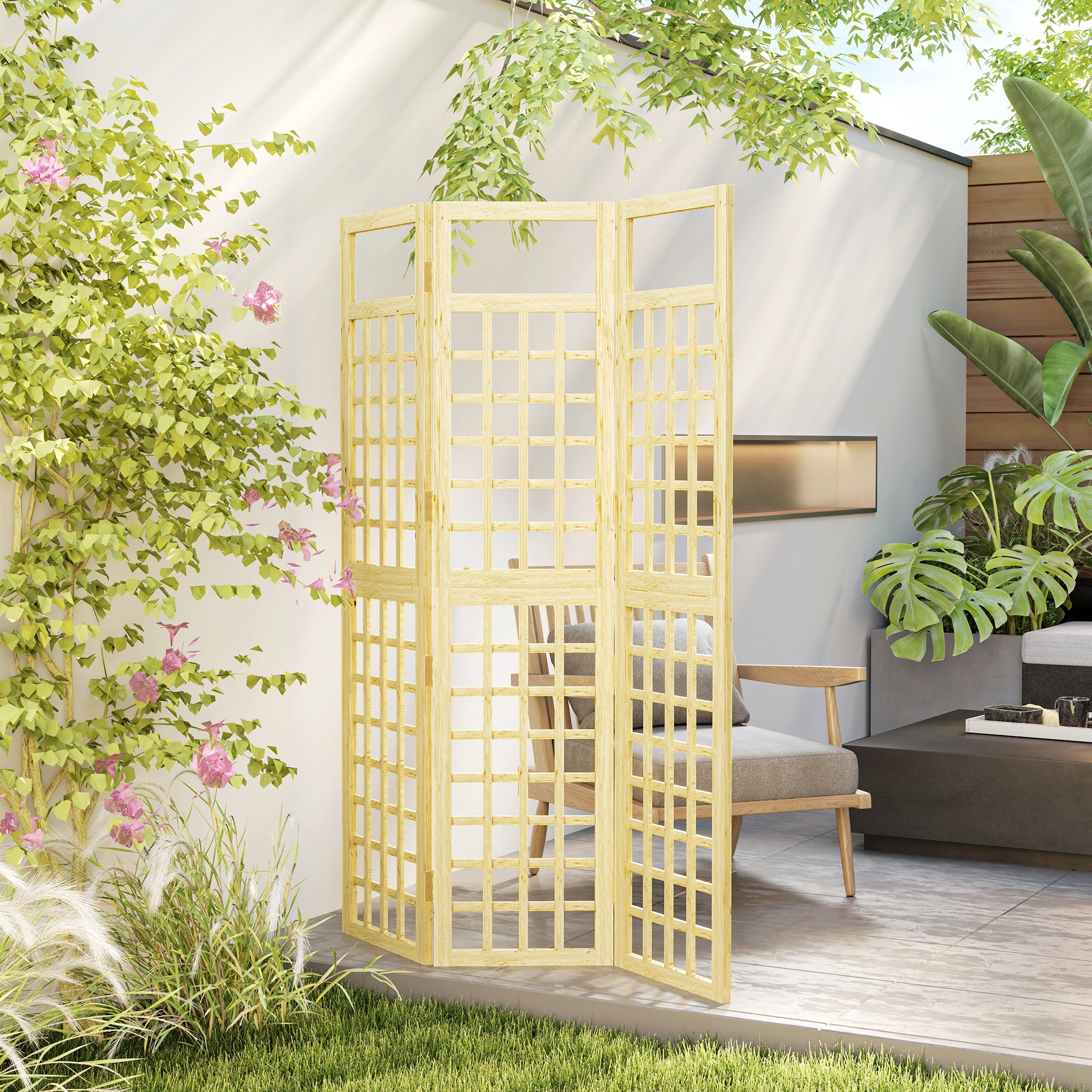 Outsunny 3 Panel Outdoor Wood Privacy Screen, Folding Room Divider/Trellis for Home, Patio, 47.2" x 66.9", Natural Wood