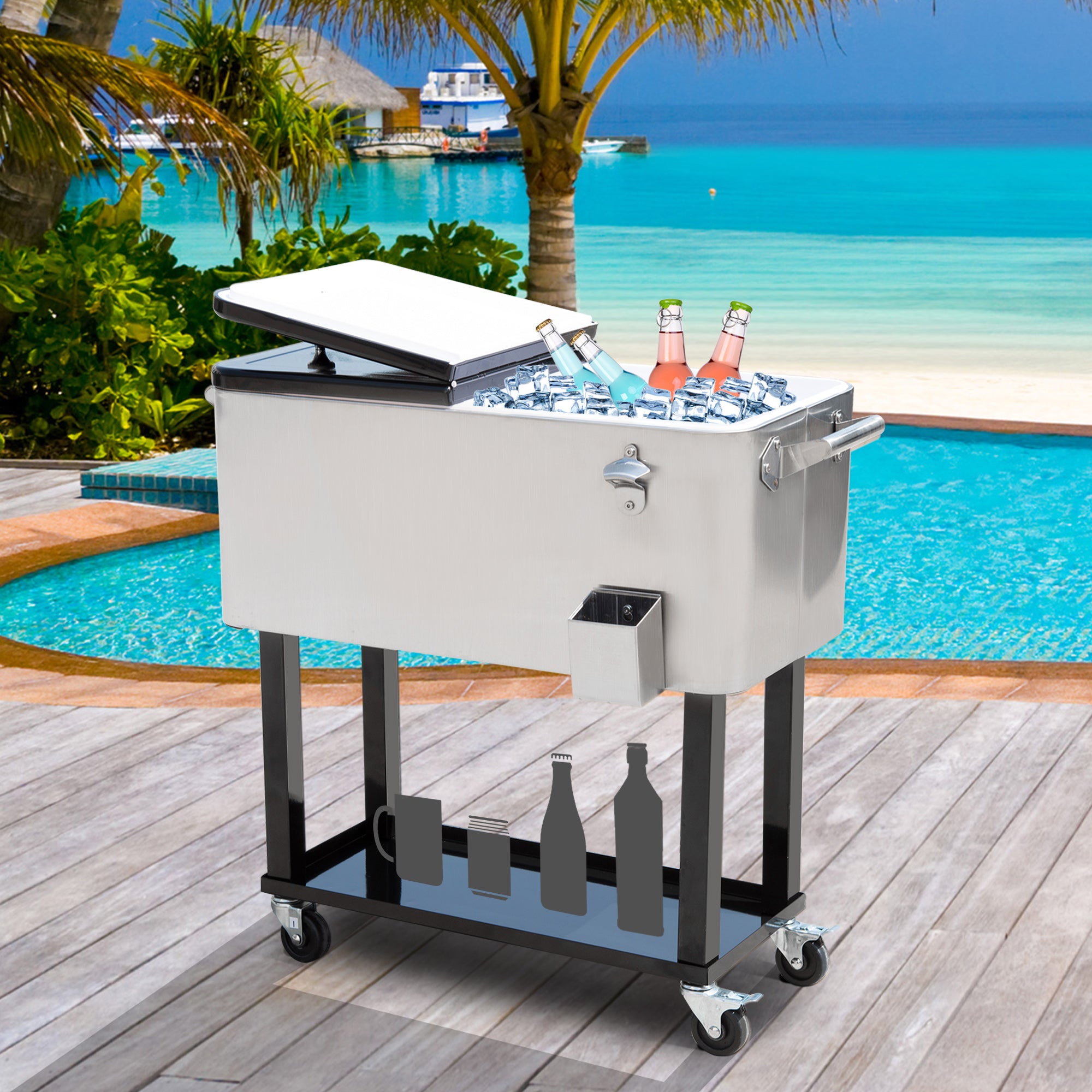 Outsunny 80 Quart Rolling Cooler Cart Portable Patio Ice Beer Beverage Cooling Bin for Outdoor Party w/ Bottle Opener & Storage Shelf Silver