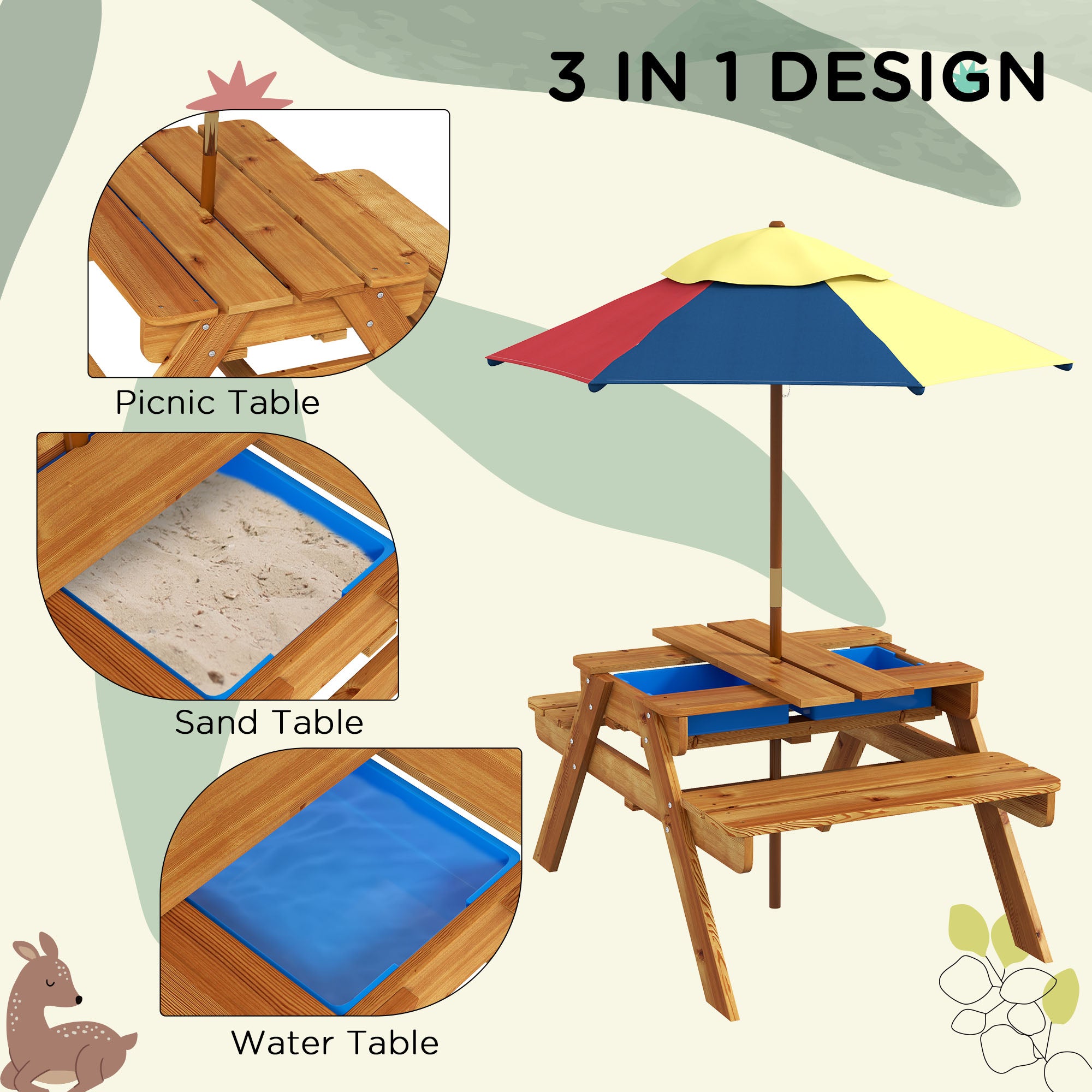 Outsunny Toddler Water Table Kids Sand & Water Table with Removable Foldable Umbrella for Patio Lawn Garden, Aged 3-6 Years Old