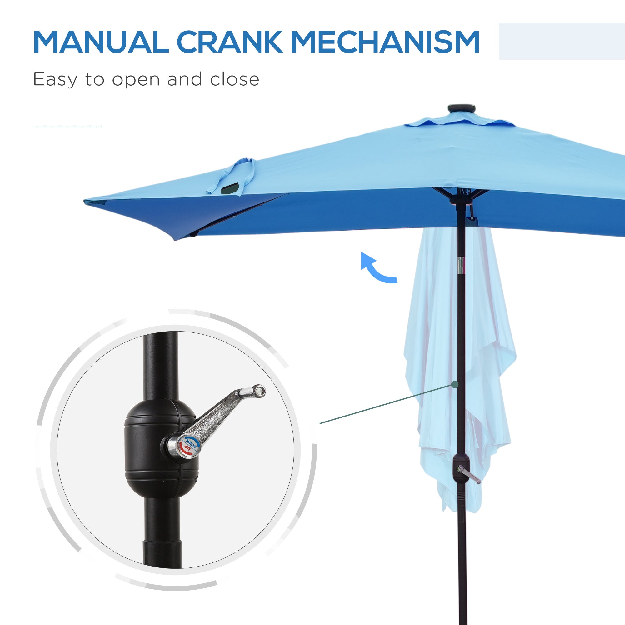 Outsunny 6' x 10' Patio Umbrella with 22 LED Solar Lights and Tilt, Rectangular Outdoor Table Umbrella with Crank, Light Blue
