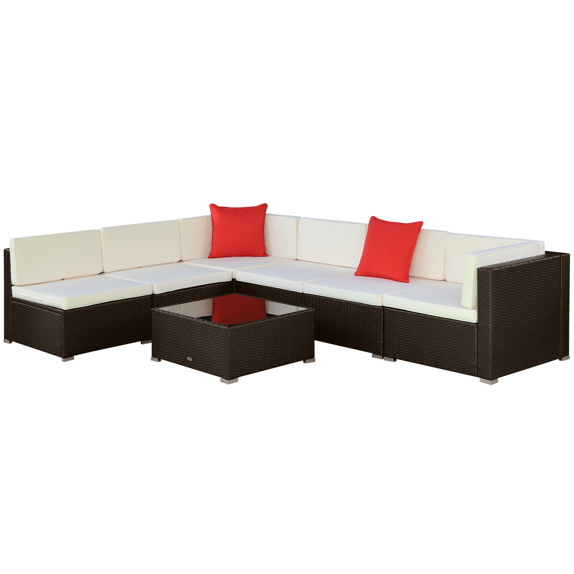 Outsunny 7 Pieces Patio Furniture Set, Rattan Outdoor Conversation Set, Garden Wicker Sofa Set, Ivory