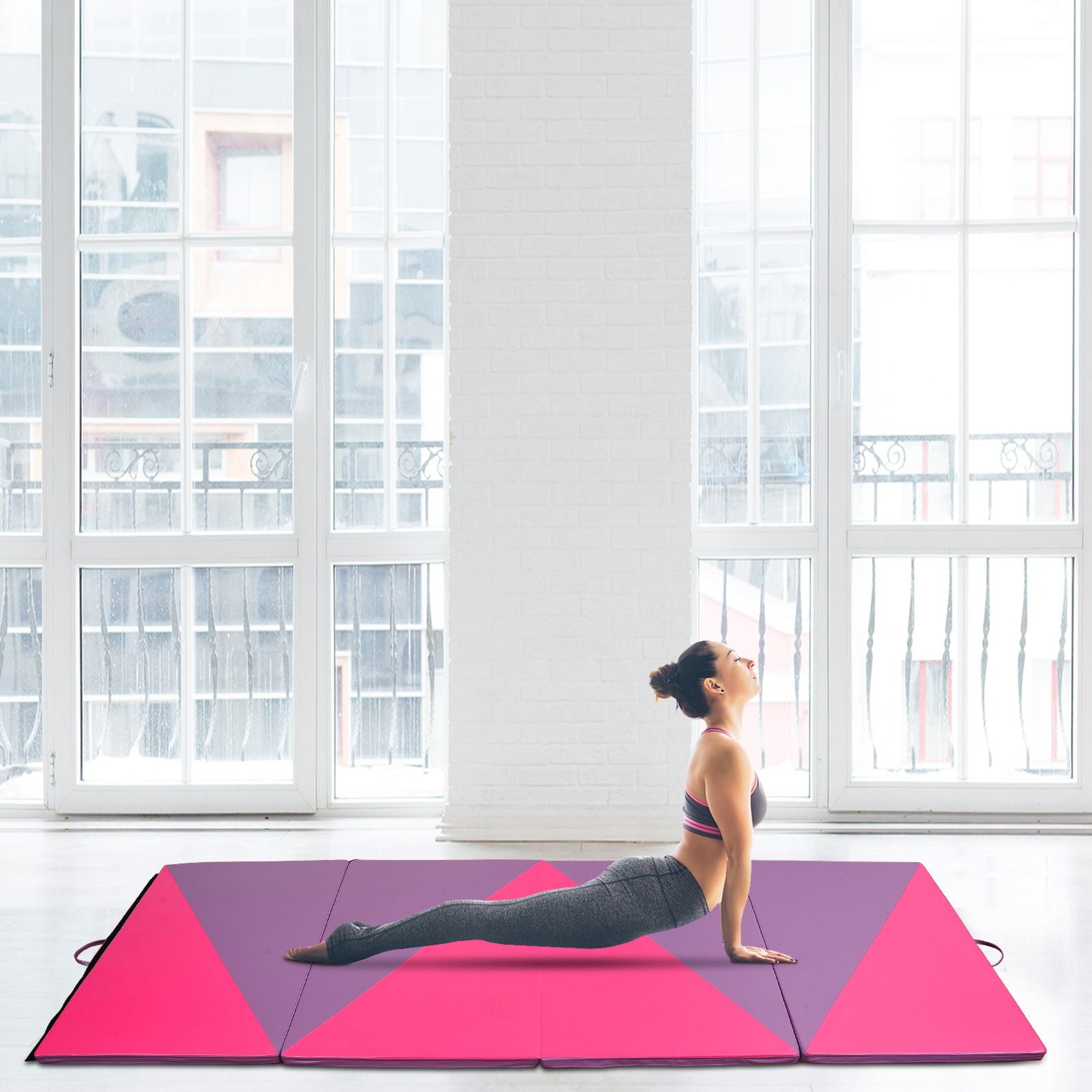 Soozier 4'x10'x2" Folding Gymnastics Tumbling Mat, Exercise Mat with Carrying Handles for Yoga, MMA, Martial Arts, Stretching, Core Workouts, Pink and Purple