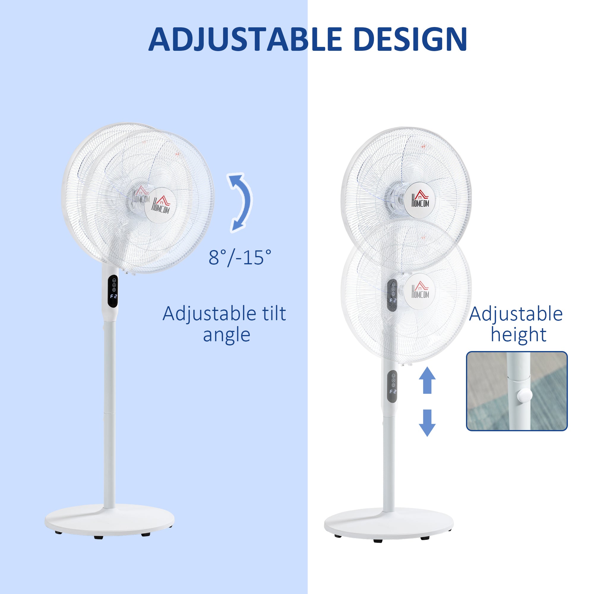 HOMCOM Floor Standing Fan with Remote Control, Oscillating, LED Screen, Stand Up Cooling Fan, Tall Pedestal Electric Fan for Home Bedroom, White