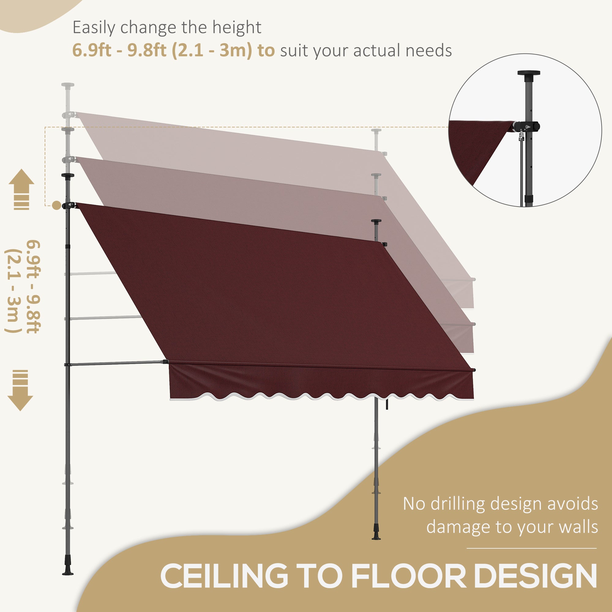 Outsunny 10' x 3' Manual Retractable Awning, Non-Screw Freestanding Patio Awning, UV Resistant, for Window or Door, Wine Red