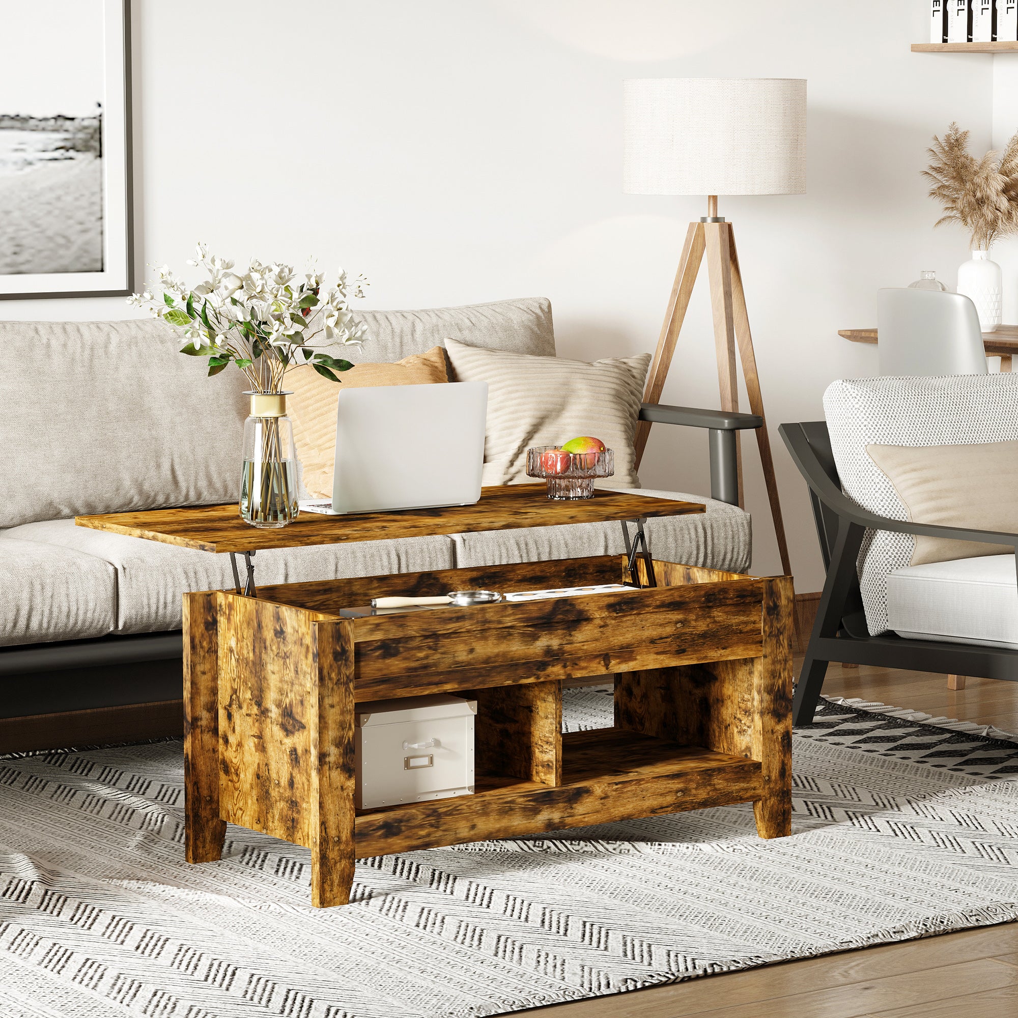 HOMCOM Lift Top Coffee Table with Hidden Storage Compartment and Open Shelves, Lift Tabletop Pop-Up Center Table for Living Room, Brown