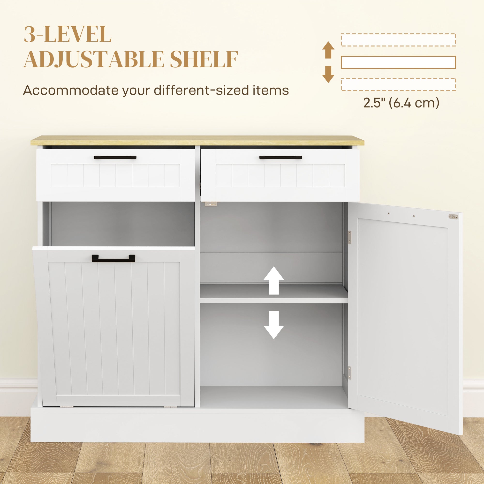 HOMCOM 10 Gallon Hidden Garbage Bin Cabinet, Tilt Out Trash Cabinet w/ 2 Drawers, Freestanding Kitchen Island, White