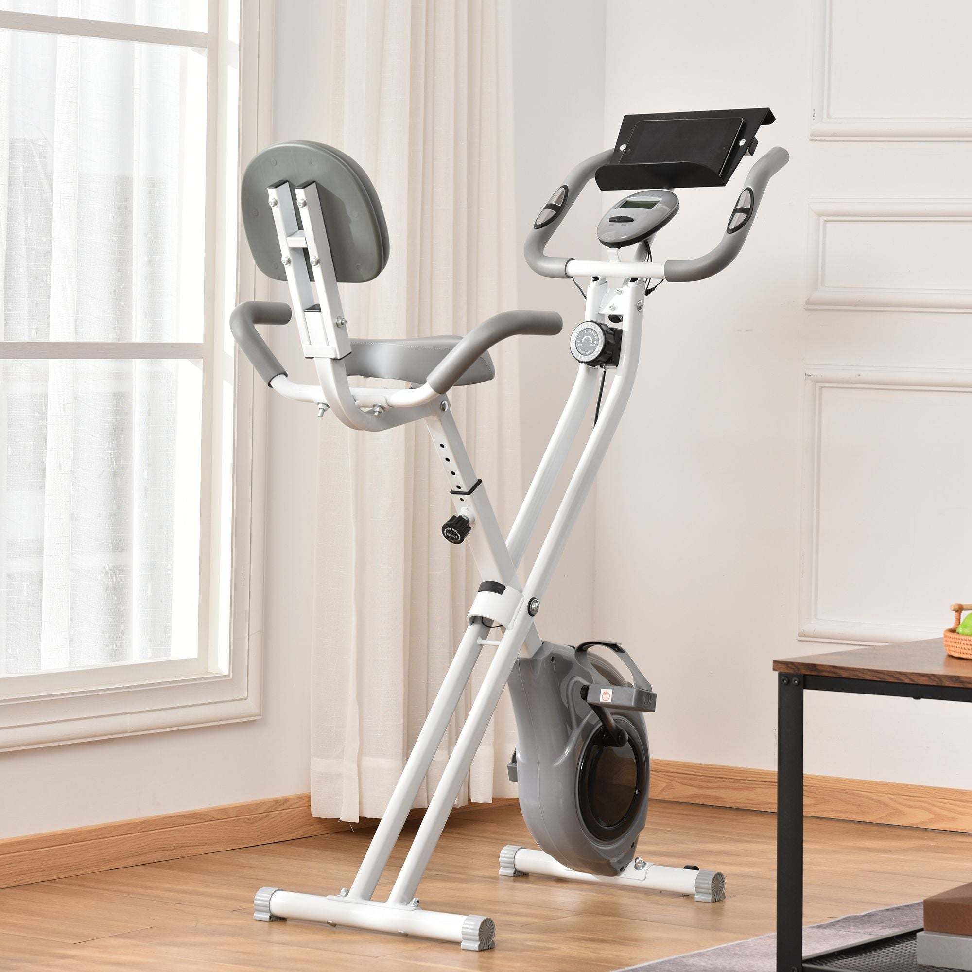 Soozier Folding Exercise Bike, Indoor Stationary Bike with 8-Level Magnetic Resistance and LCD Monitor, for Cardio Workout Grey