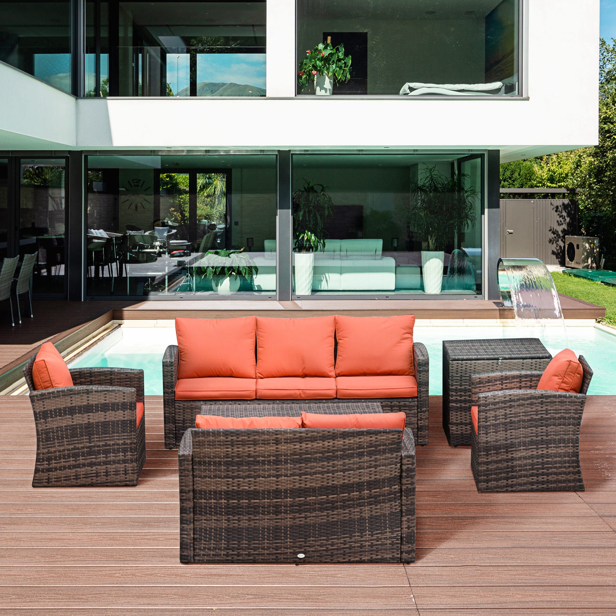 Outsunny 6 Pieces Wicker Patio Furniture Set with Cushions, 7-Seater Rattan Patio Sofa Set with Storage Table, Orange
