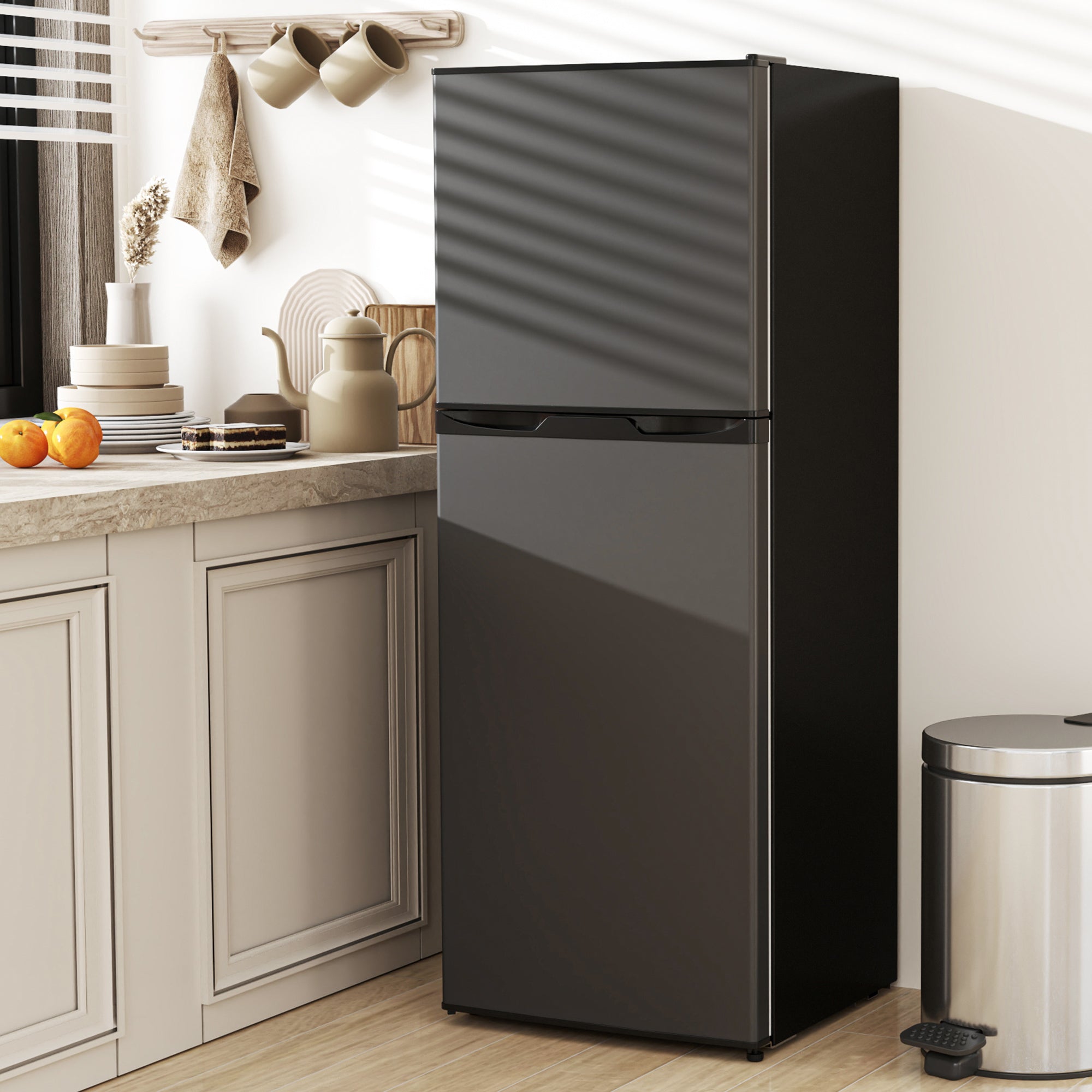 HOMCOM Double Door Mini Fridge with Freezer, 4.6 Cu.Ft Small Refrigerator with Thermostat, Shelves, Reversible Door, Black