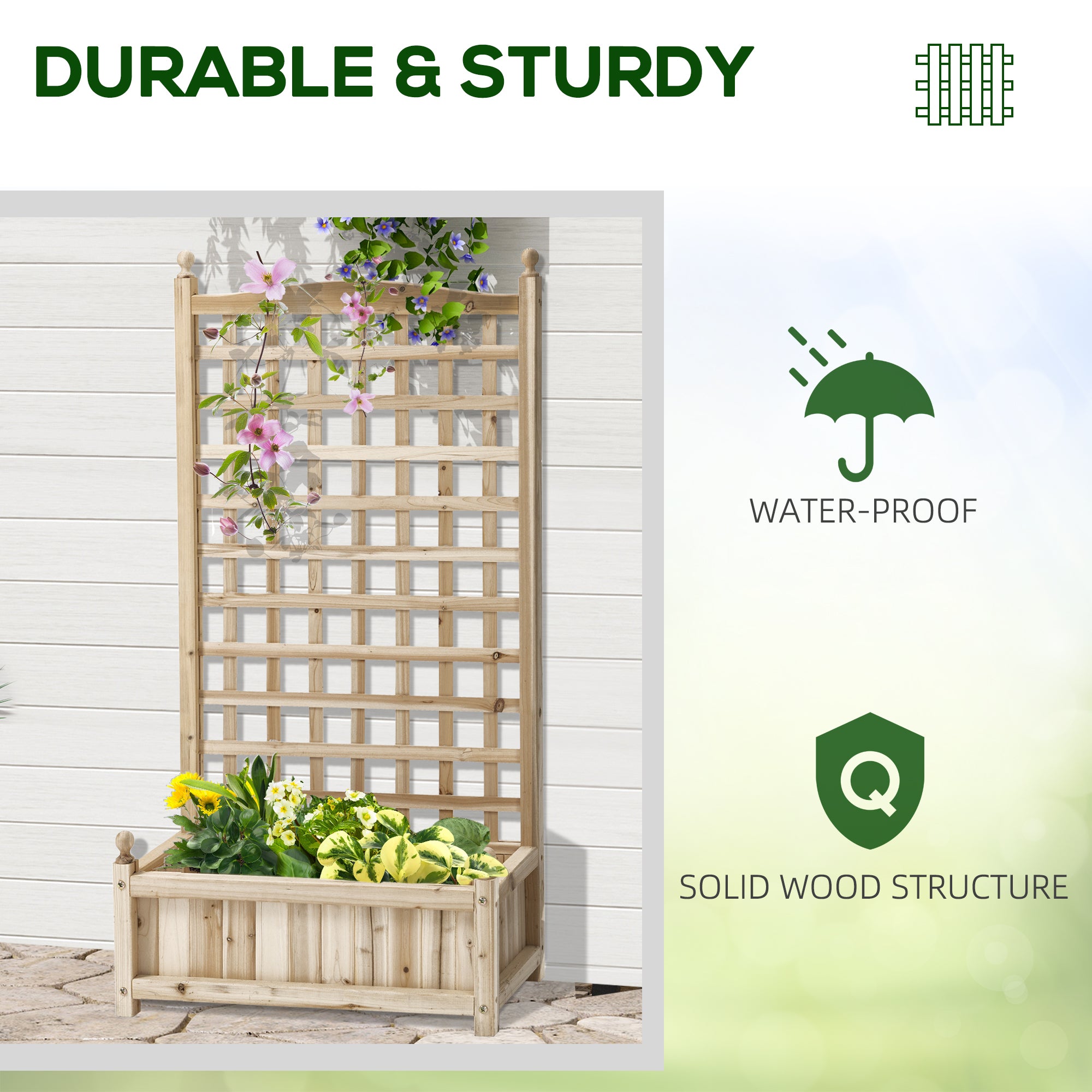 Outsunny Raised Garden Bed with Trellis, Wood Planter Box for Garden, Free Standing Flower Bed, 25.2" x 11" x 47.2" Natural Wood