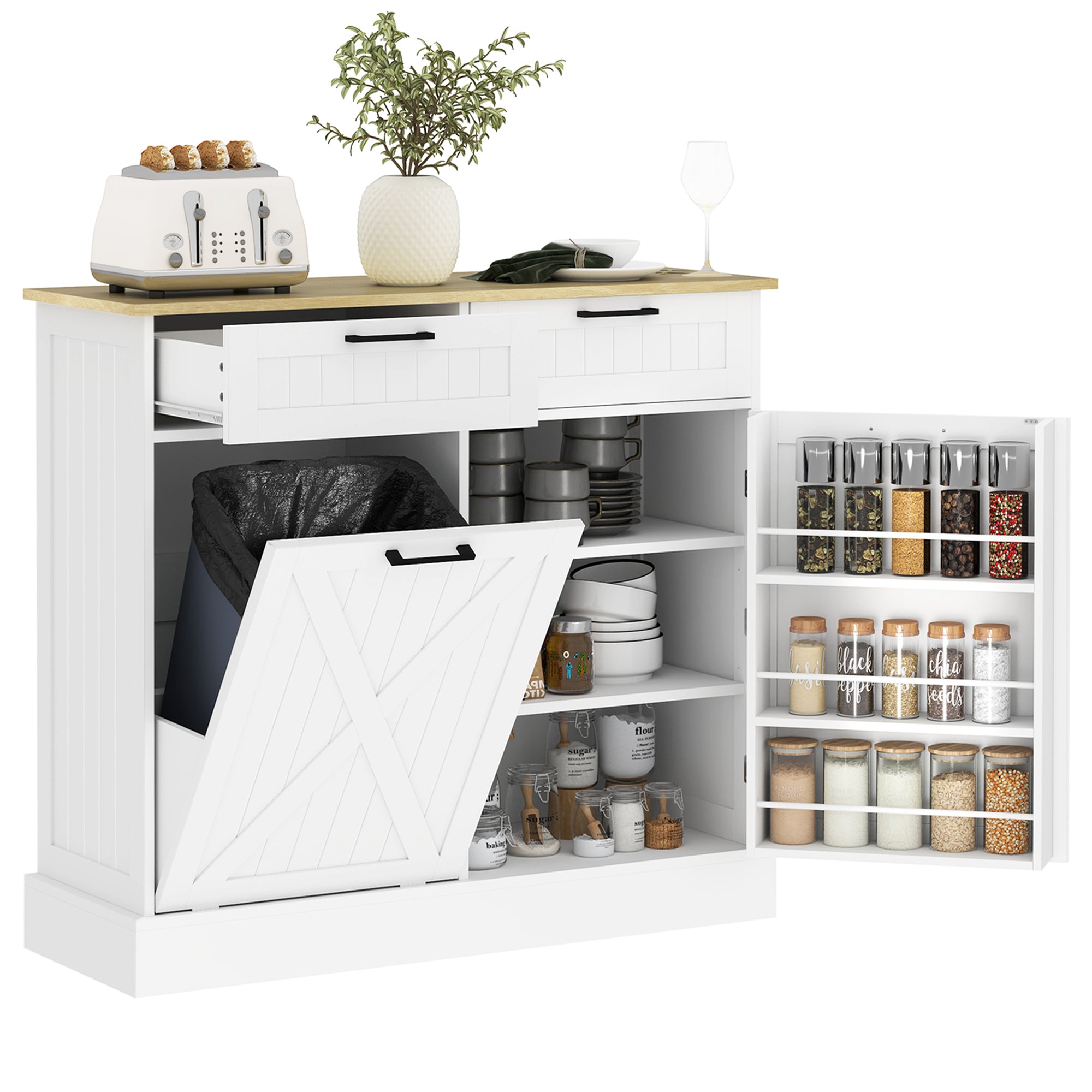 HOMCOM 10 Gallon Hidden Garbage Bin Cabinet, Tilt Out Trash Cabinet w/ 2 Drawers, Freestanding Kitchen Island, White