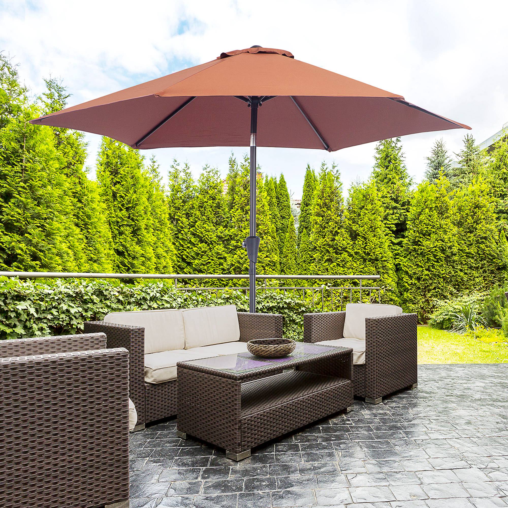 Outsunny 8.5FT Patio Umbrella, Round Garden Parasol with 6 Ribs, Market Sunshade Tilt Canopy w/ Crank Handle for Outdoor, Coffee
