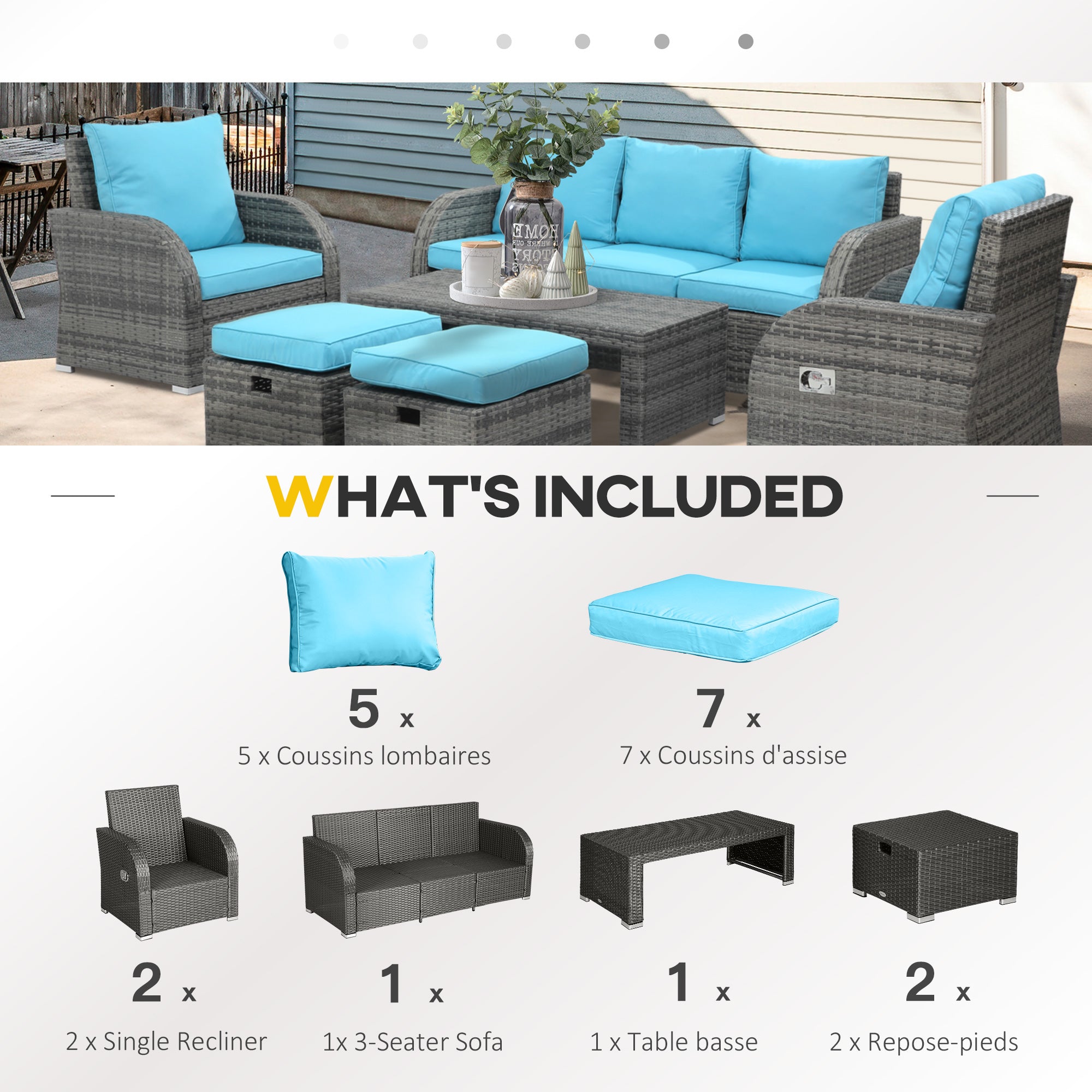 Outsunny 6 Pieces Patio Furniture Set, Conversation Set Wicker Sectional Set Cushioned Outdoor Rattan 3-Seat Sofa, 2 Adjustable Recliners, 2 Footstools & Table Set for Lawn Garden Backyard, Sky Blue