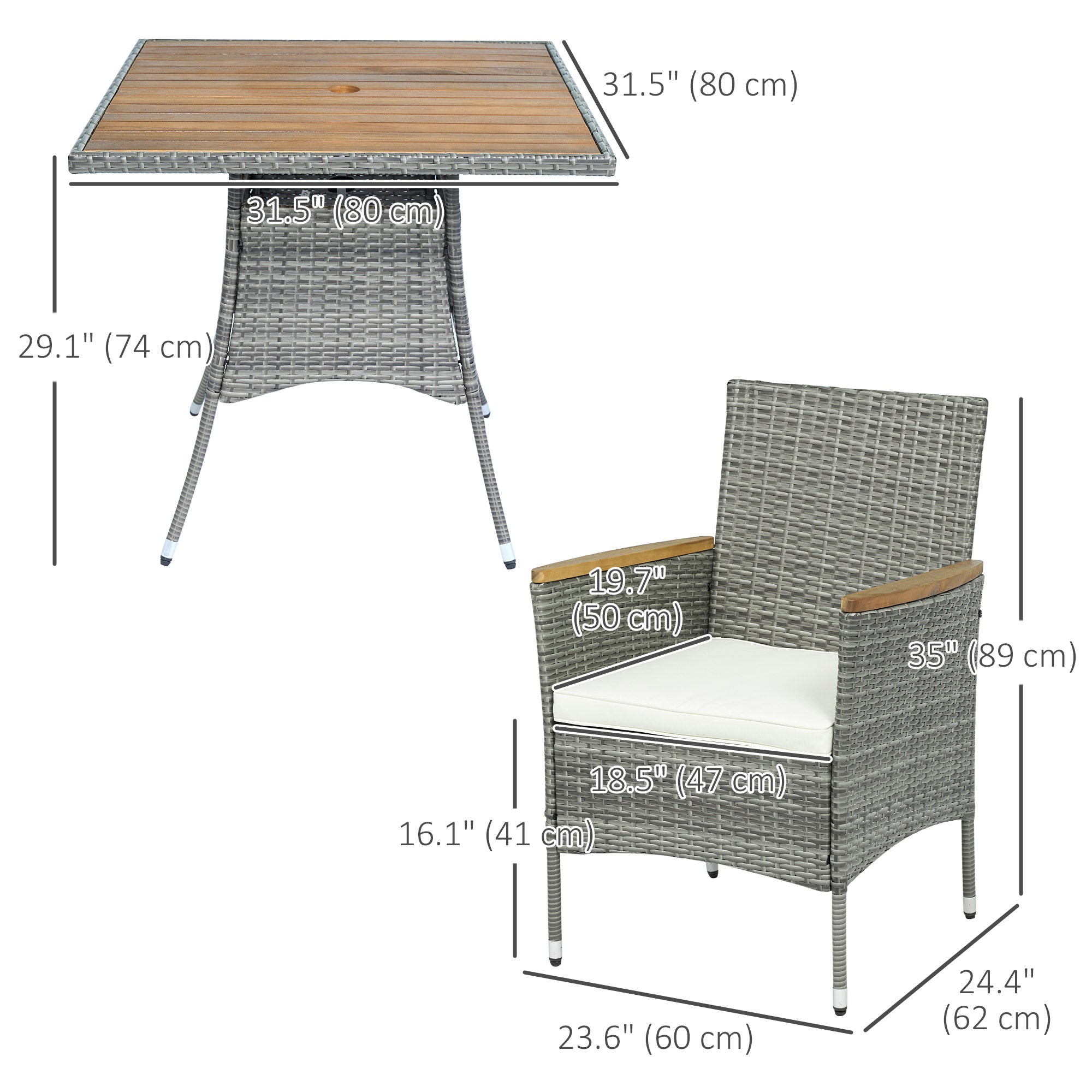 Outsunny 5 Piece Rattan Patio Dining Set with Umbrella Hole, Cushions, Outdoor Patio Table and Chairs for Garden Backyard, Teak