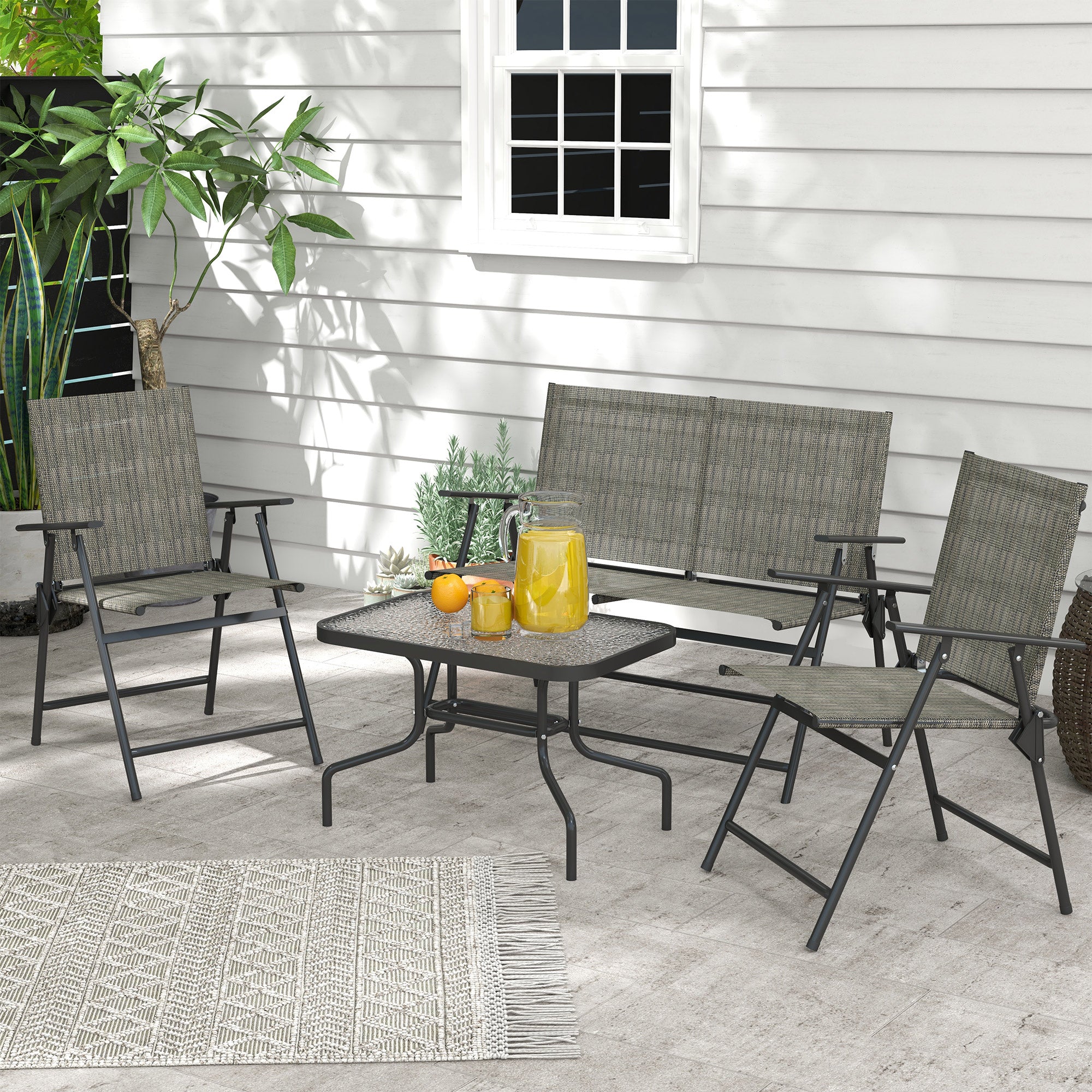 Outsunny Outdoor 4 Pieces Patio Furniture Set, Garden Set with Two Foldable Armchairs, a Loveseat & Glass Top Table, Mixed Brown