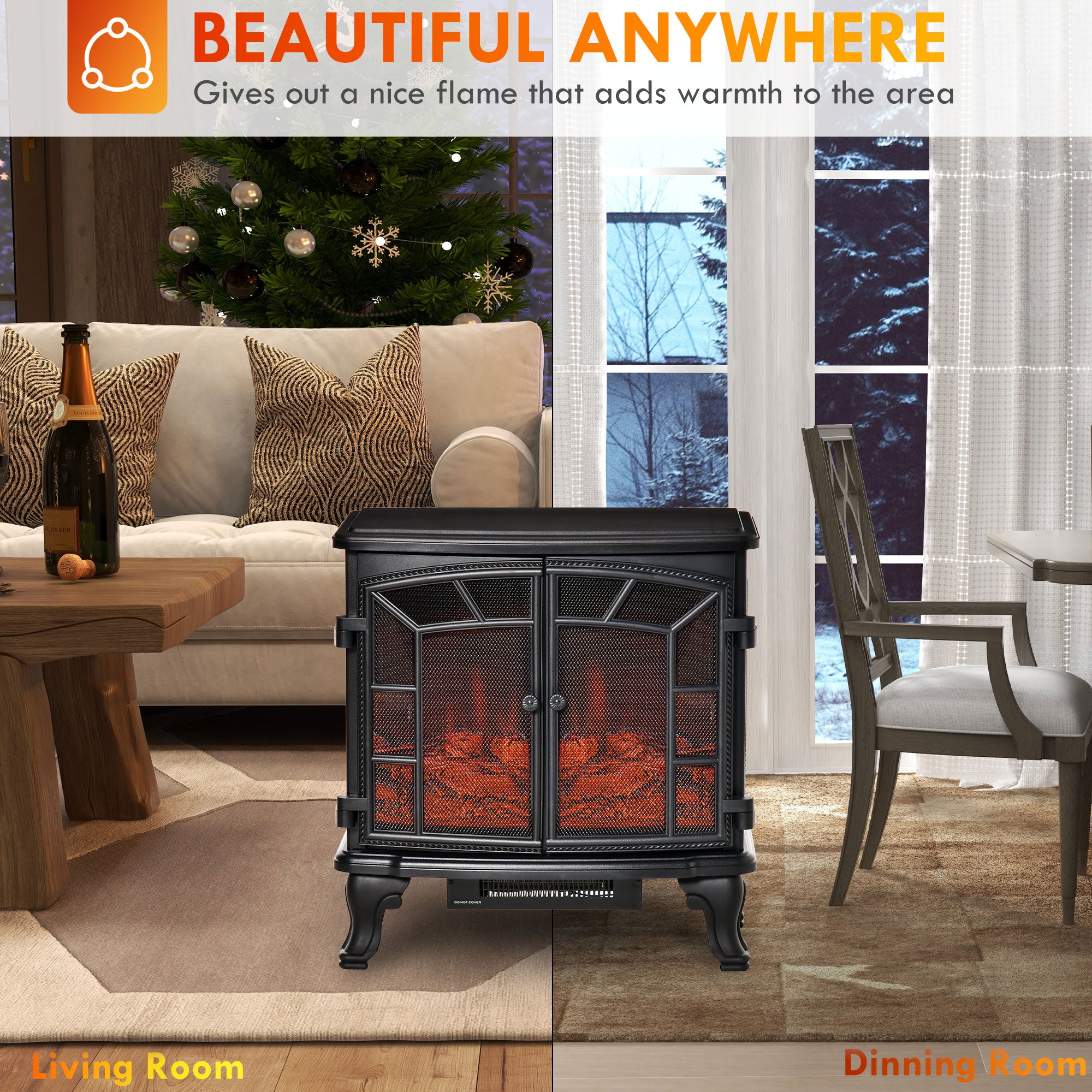 HOMCOM Electric Fireplace Heater, Freestanding Fireplace Stove with Realistic Flame Effect, Timer, Overheating Protection, 750W/1500W, Black