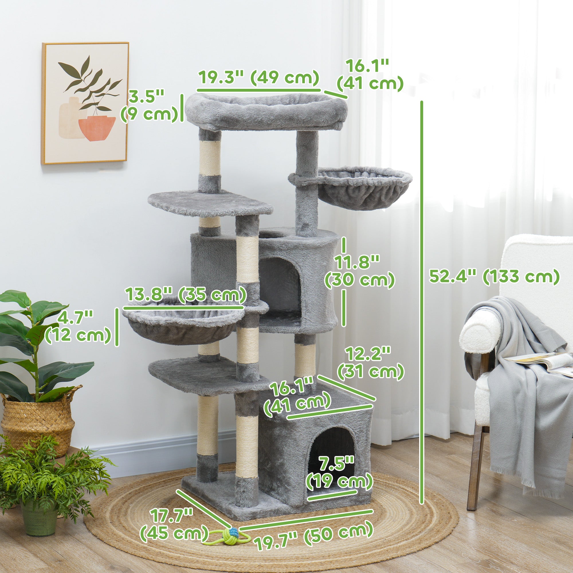 PawHut 52.5" Cat Tree Tower with Scratching Posts, Cat Condos, Bed, Platforms, Hammocks, for Indoor Cats, Grey