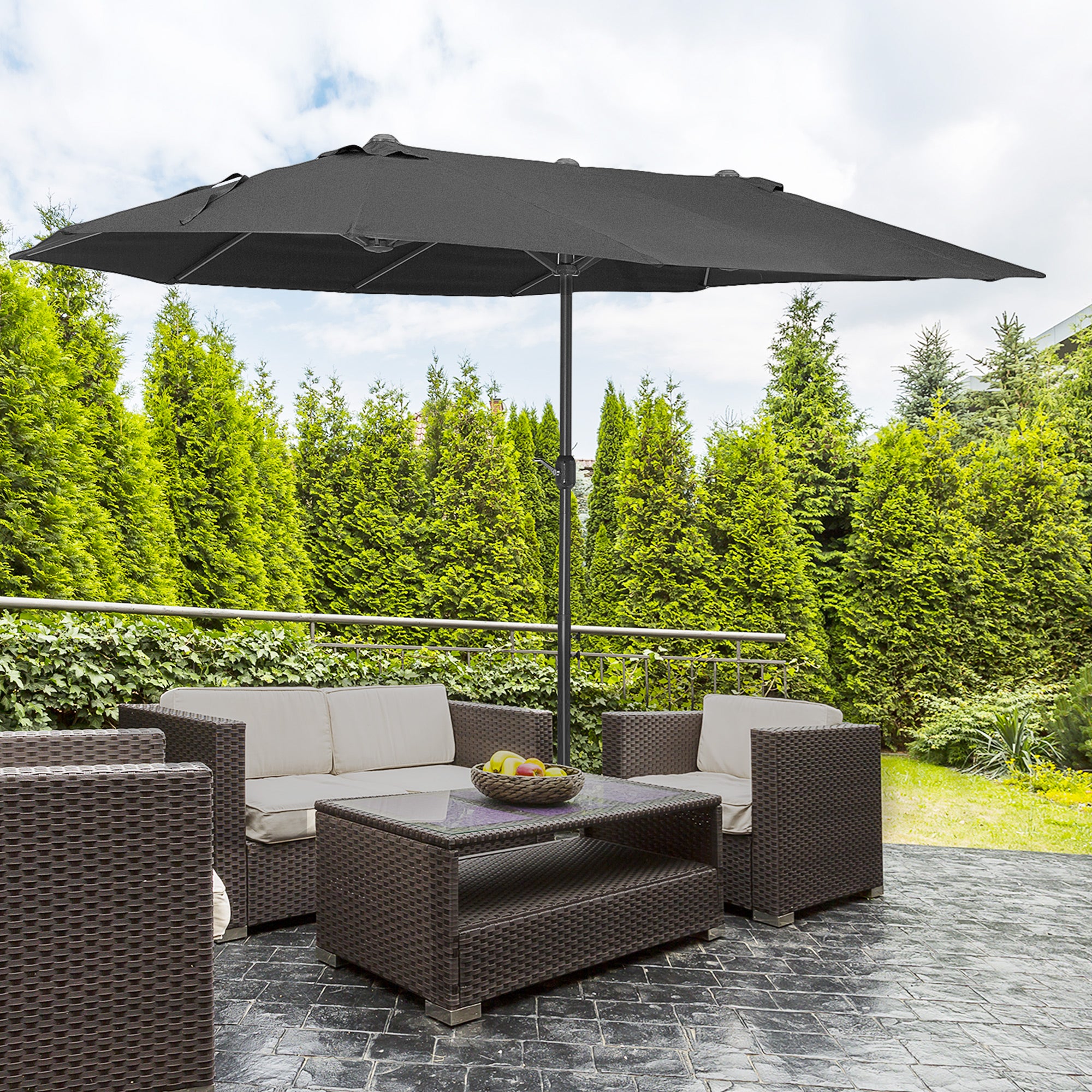 Outsunny 15ft Double-sided Outdoor Sun Umbrella with Twin Canopy, Outdoor Parasol with Crank for Pool, Deck, Black