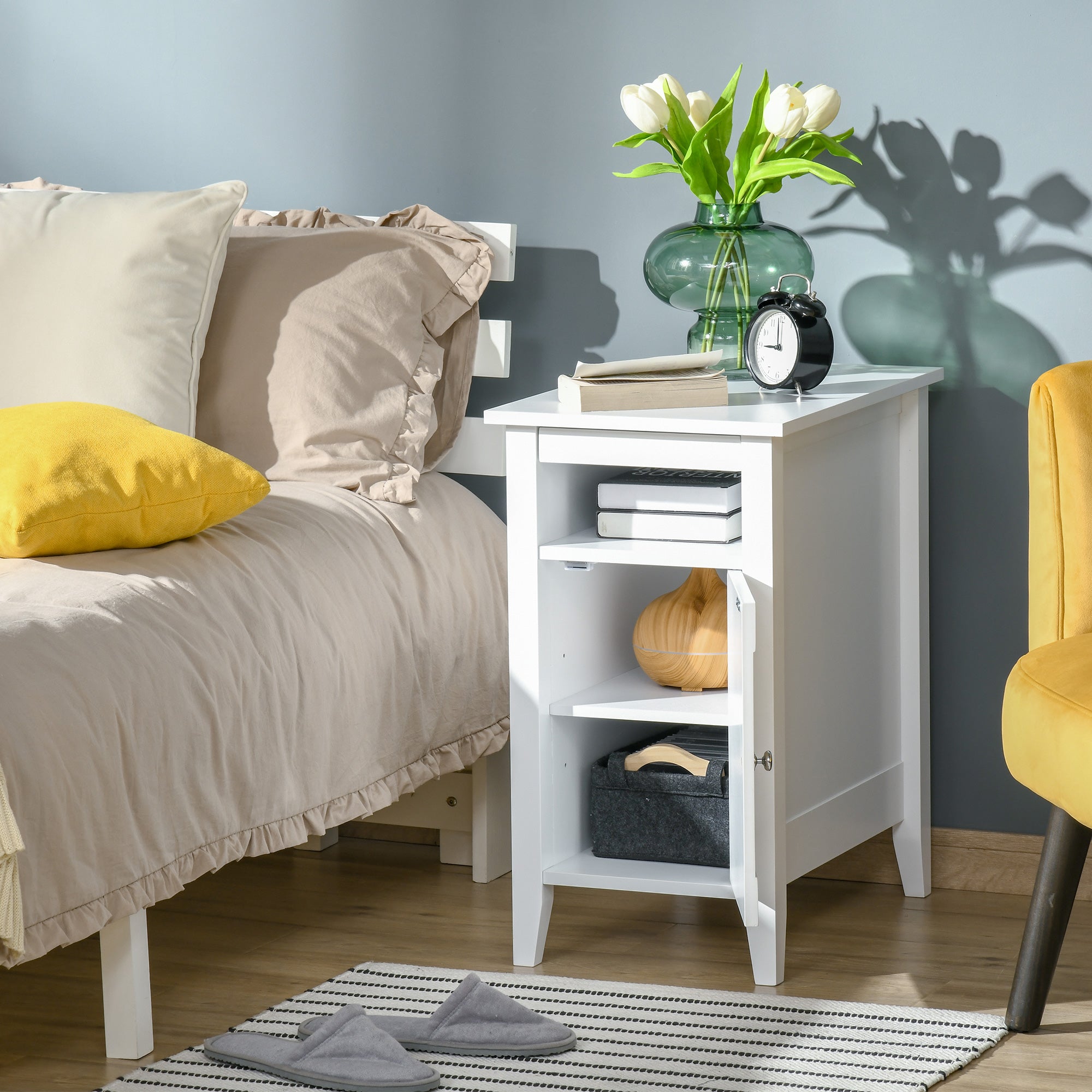 HOMCOM Wooden3-Tier Modern Nightstand with Pullout Shelf, Adjustable Open Shelf, and Door Cabinet, White