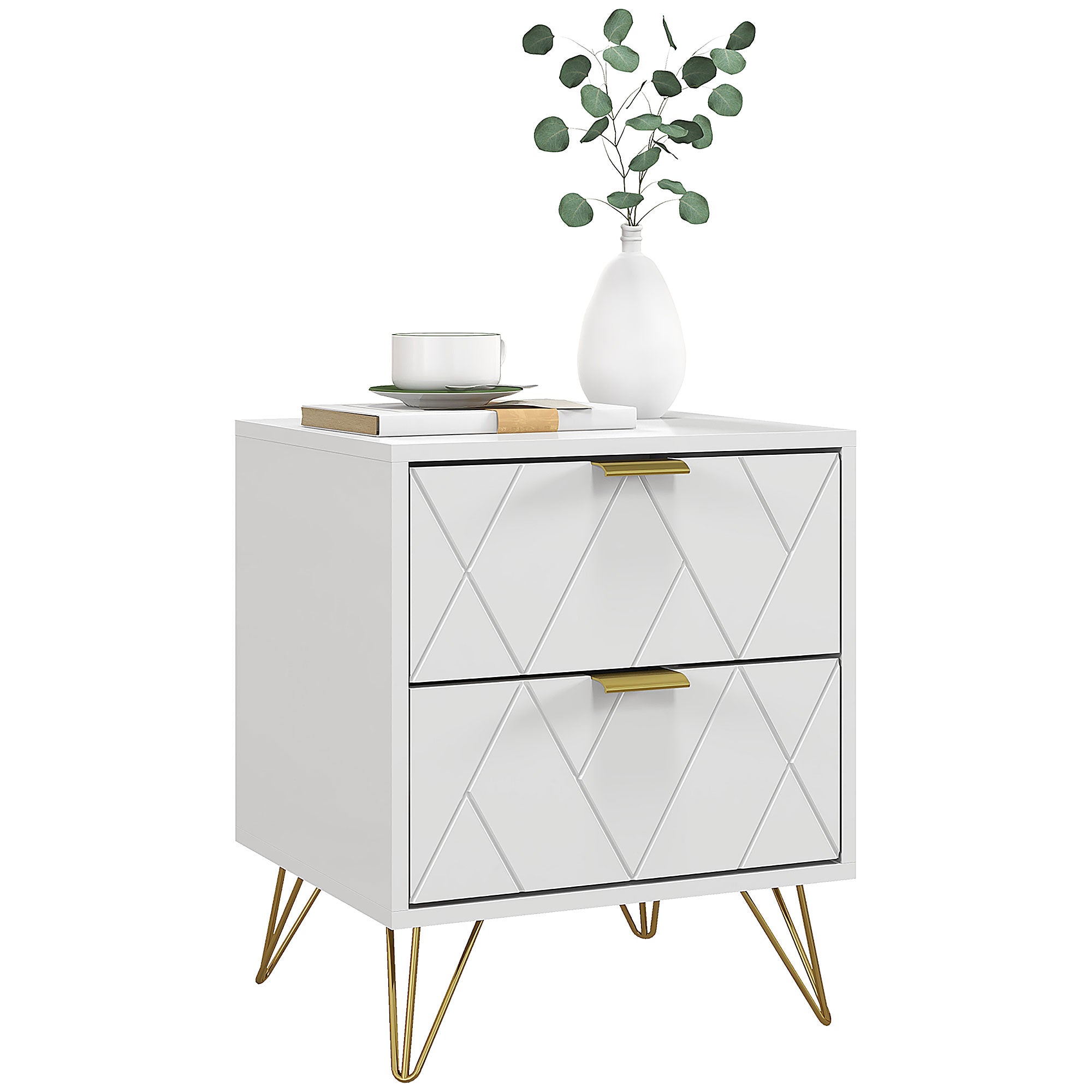 HOMCOM Modern Bedside Table, Accent Nightstand with 2 Drawers, Bed End Table for Bedroom, Living Room, White