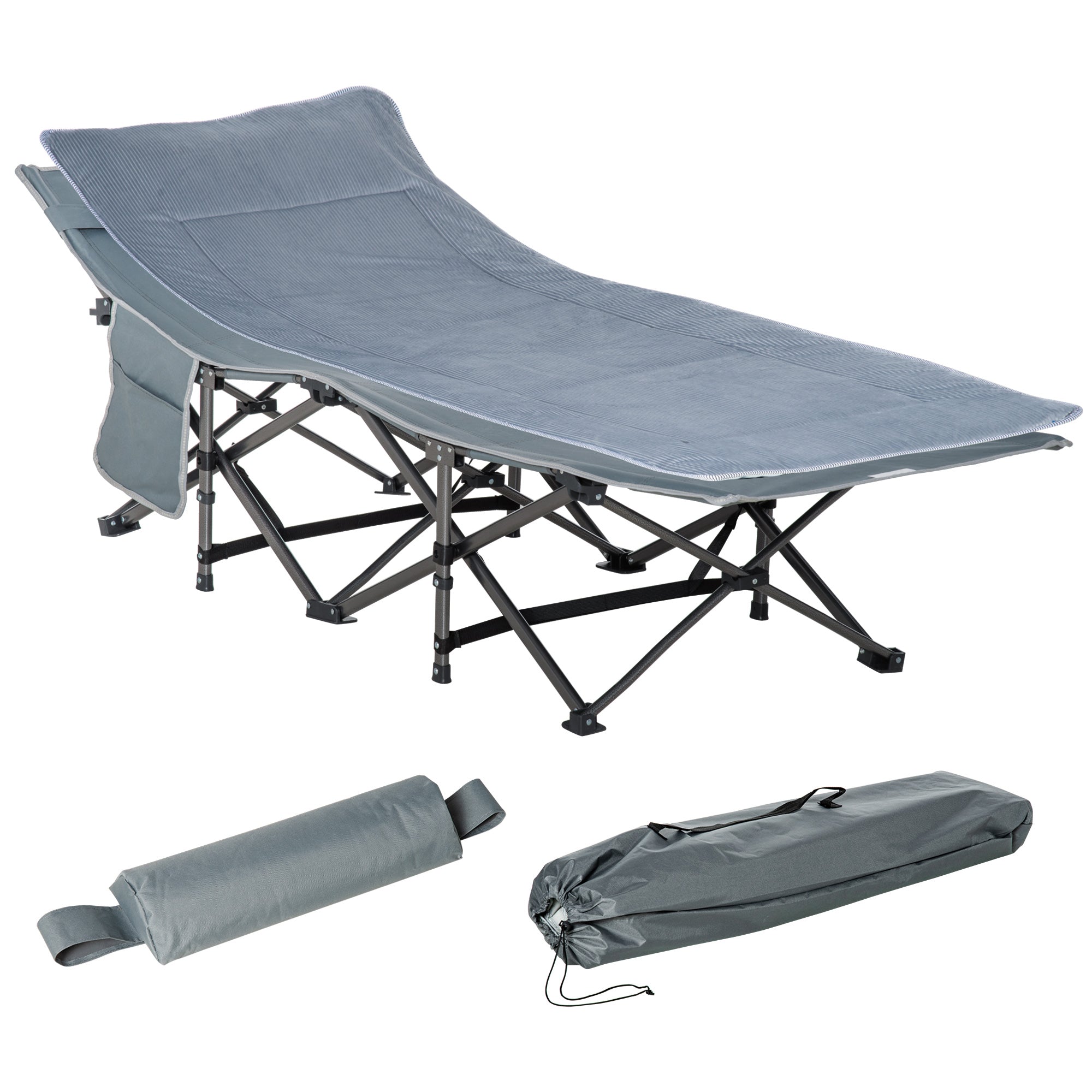Outsunny Folding Camping Cot with Mattress & Pillow, Double Layer Oxford Heavy Duty Sleeping Cot with Carry Bag Dark Grey