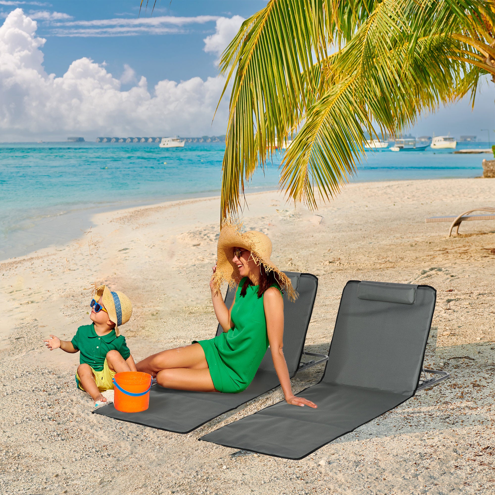 Outsunny Set of 2 Sun Lounger Beach Mat Folding Lounge Chair Mat with Adjustable Back Steel Frame Head Pillow Carry Bag Grey