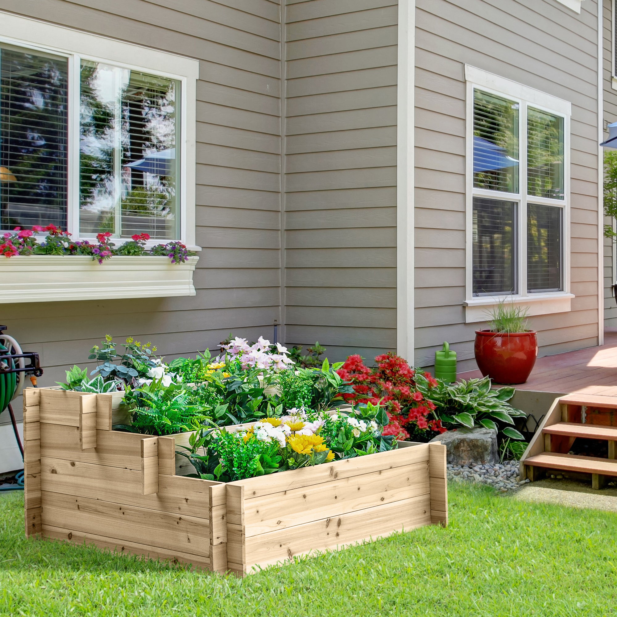 Outsunny 3-Tier Wood Raised Garden Bed, Elevated Planting Box, Outdoor Vegetable Flower Container, Herb Garden Indoor Kit, Natural