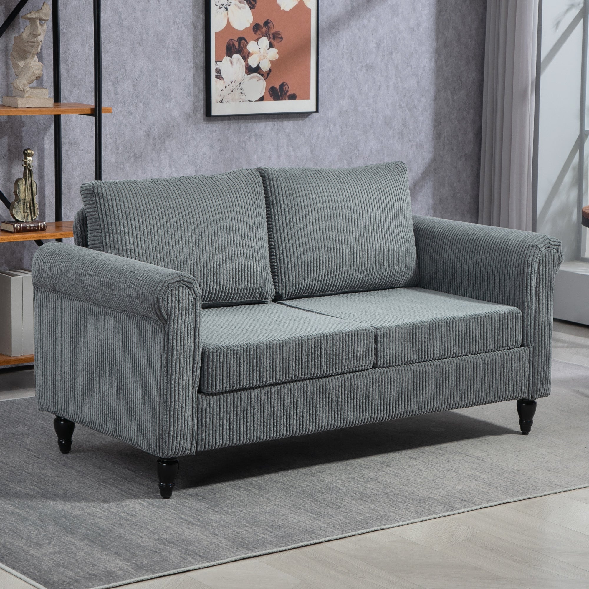 HOMCOM Vintage Loveseat, Upholstered Love Seat Furniture, Fabric 2 Seater Sofa with Rolled Arms, Rubber Wood Legs, Grey