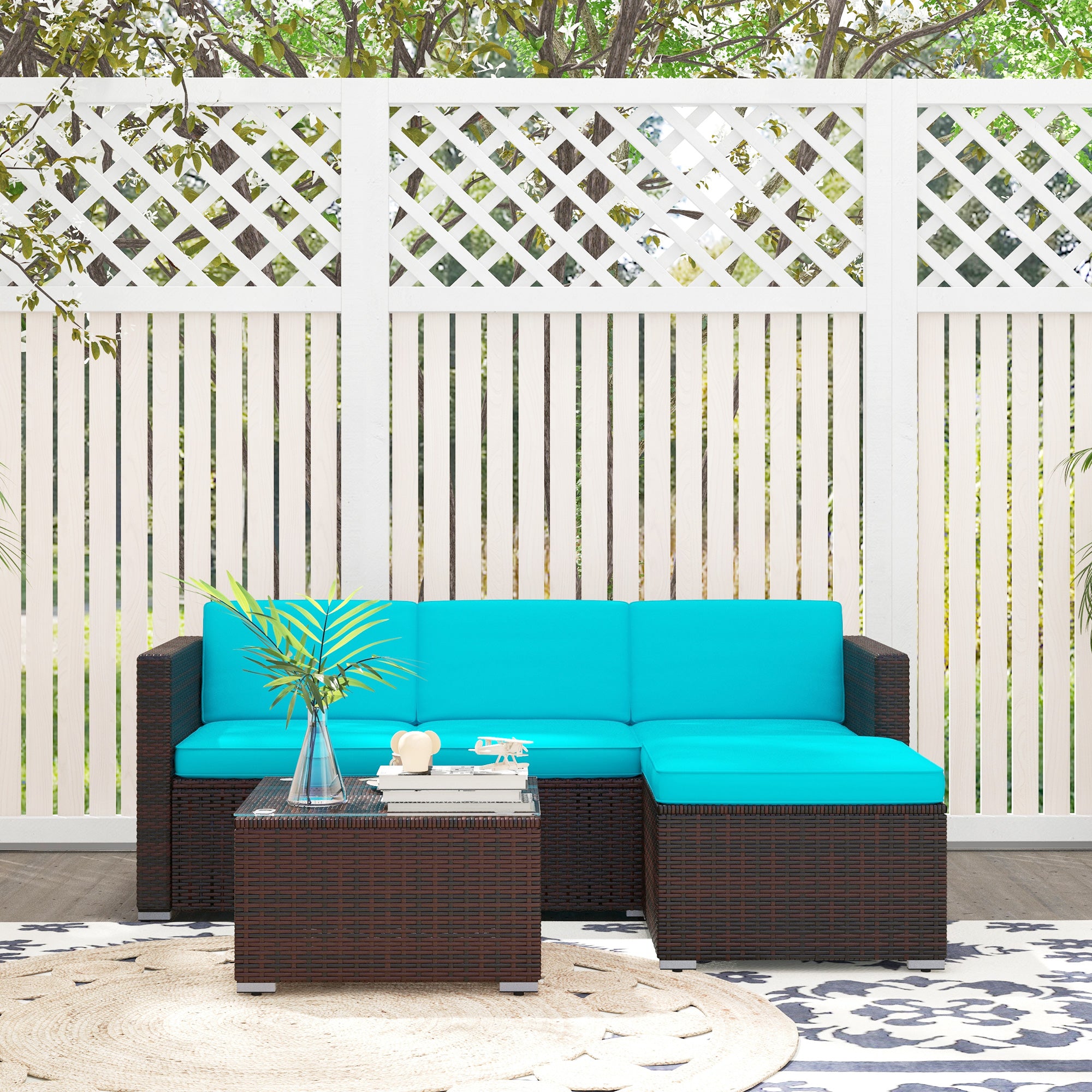 Outsunny Patio Furniture w/ Soft Cushions, Corner Sofa Sets, Turquoise