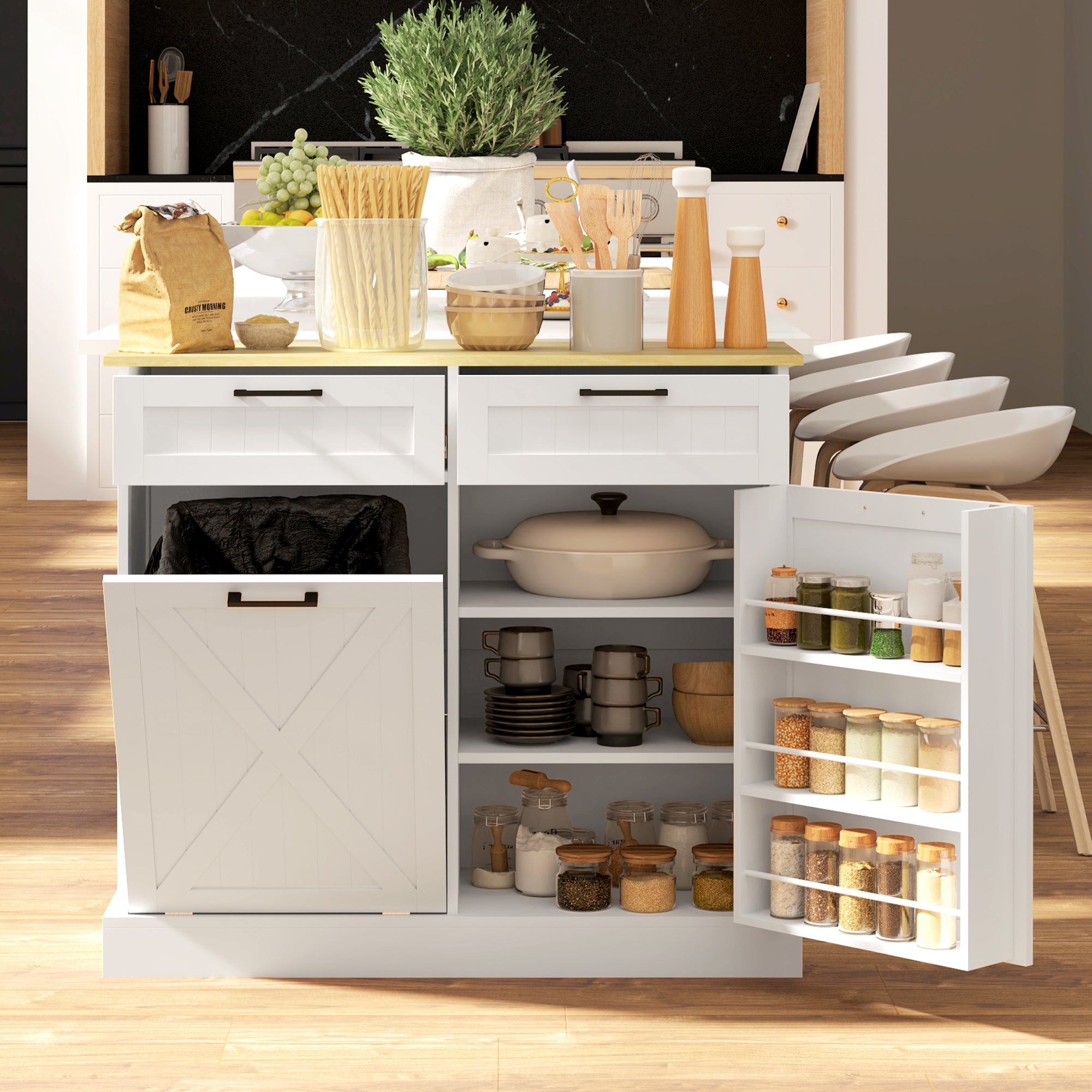 HOMCOM 10 Gallon Hidden Garbage Bin Cabinet, Tilt Out Trash Cabinet w/ 2 Drawers, Freestanding Kitchen Island, White