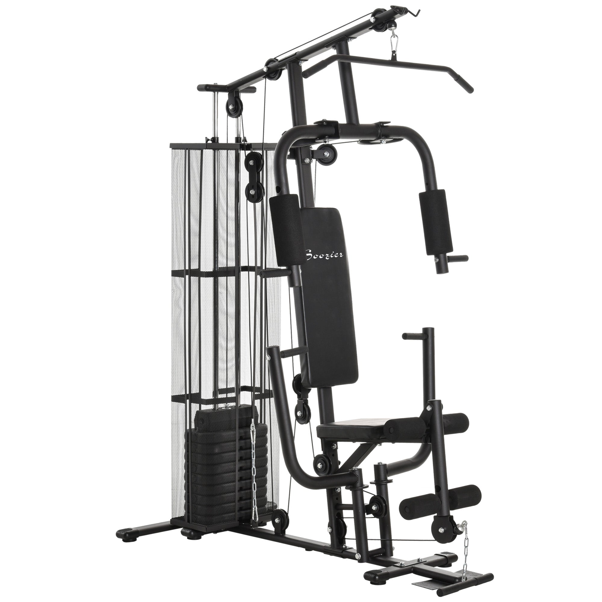 Soozier Home Gym, Multifunction Gym Equipment Workout Station with 100Lbs Weight Stack for Lat Pulldown, Leg Extensions, Preacher Bicep Curls, Triceps Pulldowns, Chest Press, Black