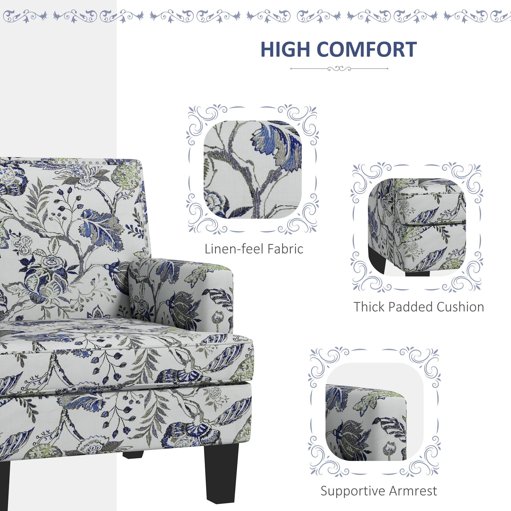 HOMCOM Upholstered Armchair, Mid-Century Accent Chair with Floral Pattern, Nailhead Trim for Living Room, Bedroom, Multicolour