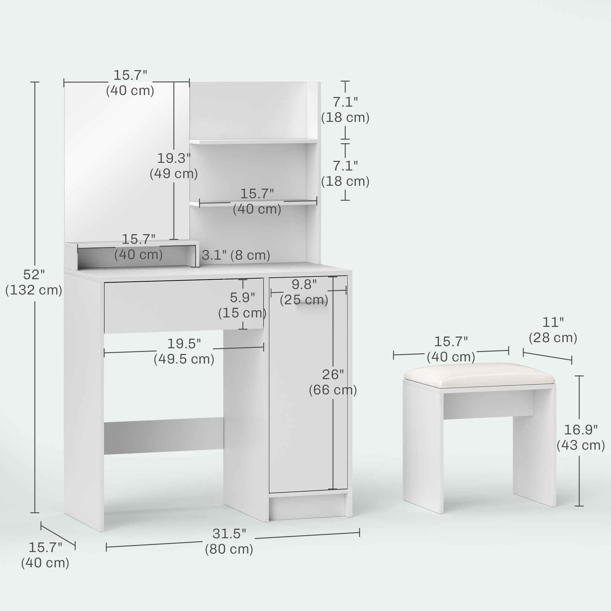 HOMCOM Vanity Set with Mirror and Stool, Makeup Vanity Table with Storage Drawer, Cabinet, Adjustable Shelf for Bedroom, White