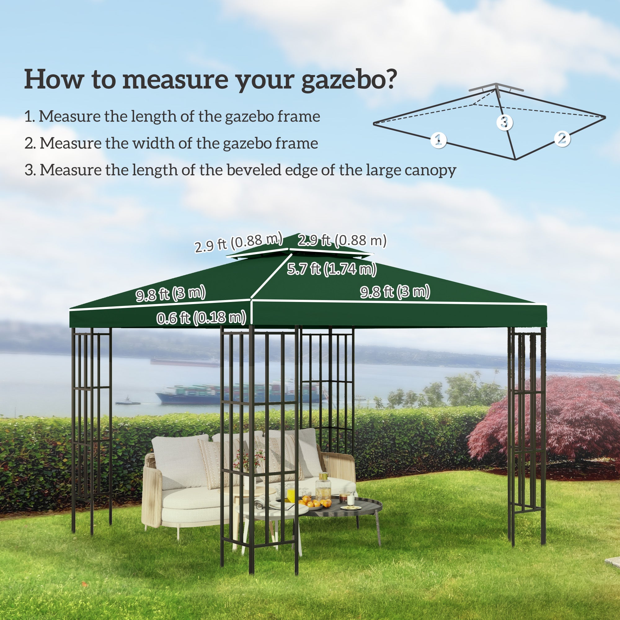 Outsunny 9.8'x9.8' Canopy Replacement 2-Tier Gazebo Canopy Top Cover, Green