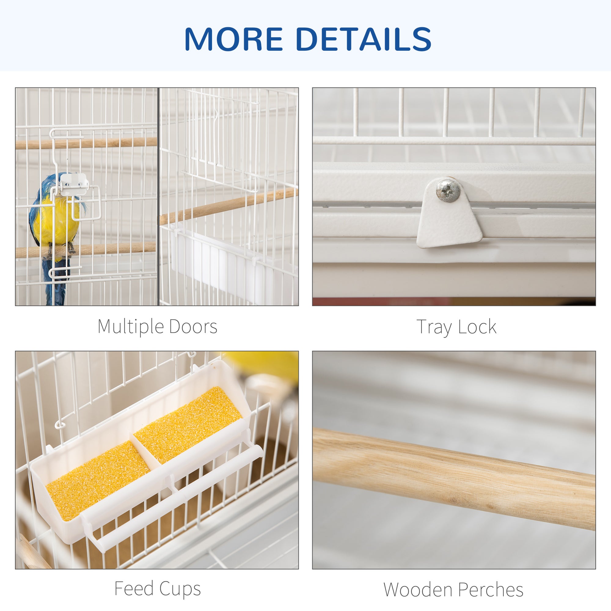 PawHut 52" Large Rolling Steel Bird Cage Bird House with Rolling Stand, Storage Shelf, Wood Perch, Food Container, White
