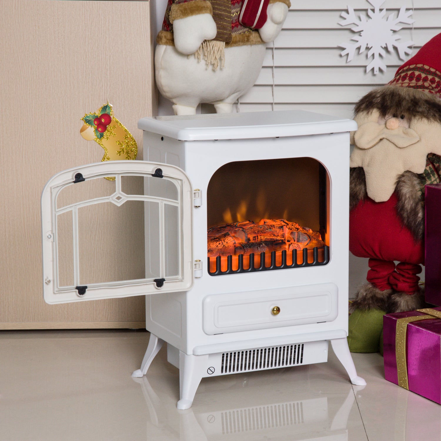 HOMCOM 16" Free Standing Electric Fireplace Portable Adjustable Stove with Heater Wood Burning Flame 750/1500W White