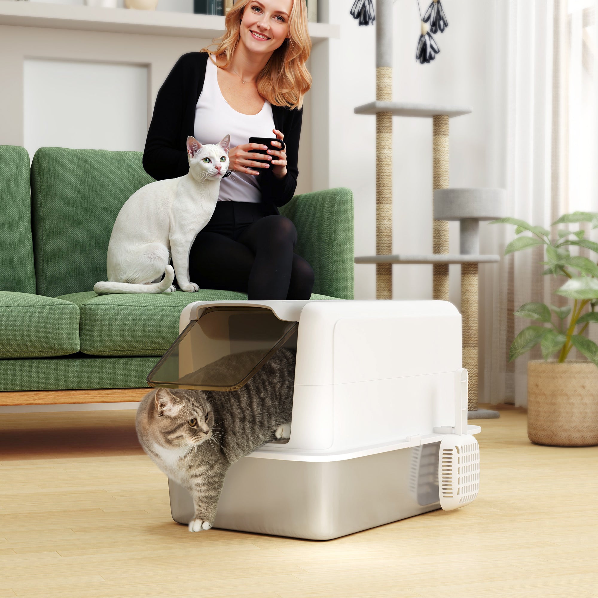 PawHut Stainless Steel Cat Litter Box w/ Removable Lid & Scoop, for Small to Large Cats, Easy to Clean, White