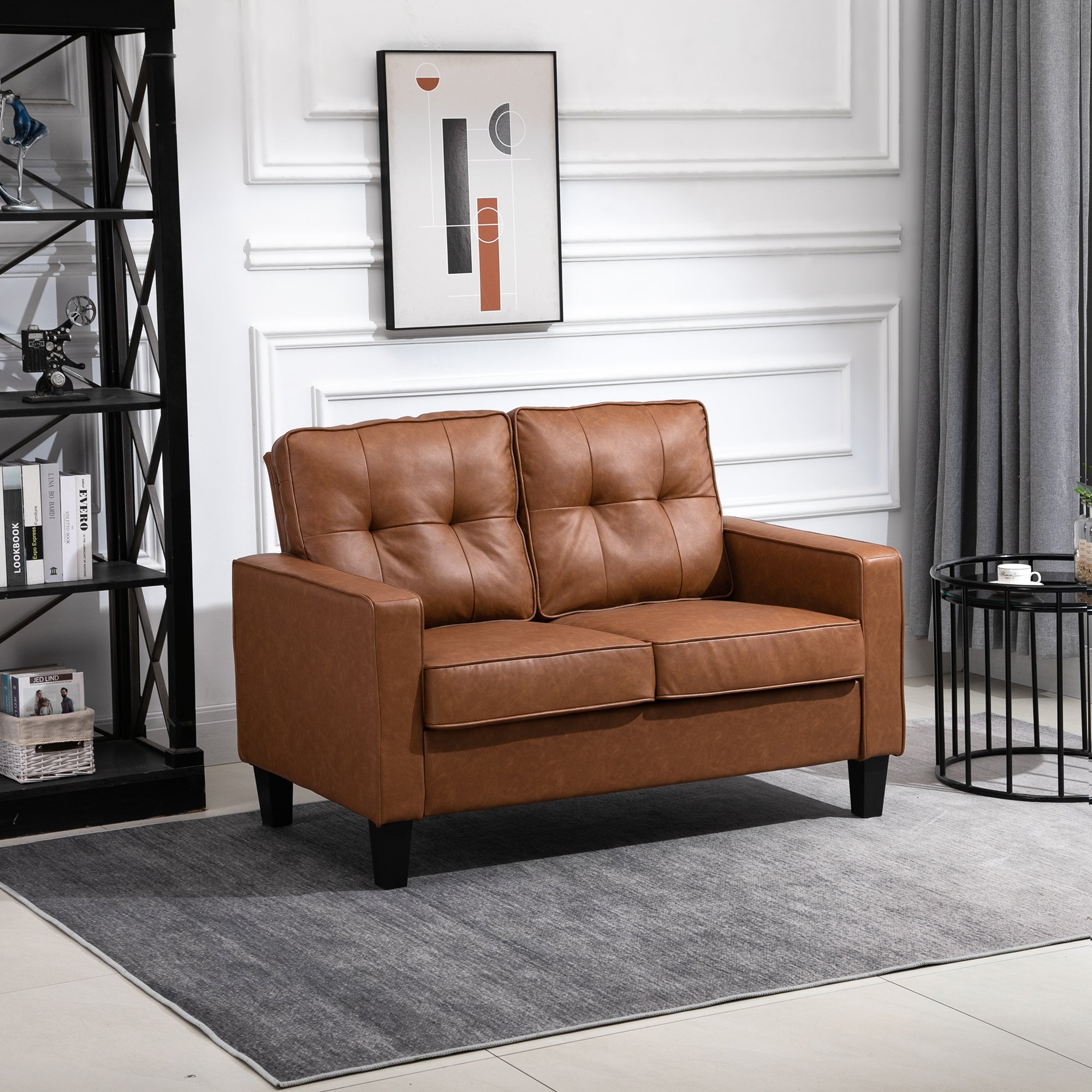 HOMCOM 51" PU Leather Loveseat, Upholstered Double Sofa Couch with Armrests, Tufted Backrest, Pocket Spring and Sponge Padded Cushion for Living Room, Bedroom, Home Office, Brown