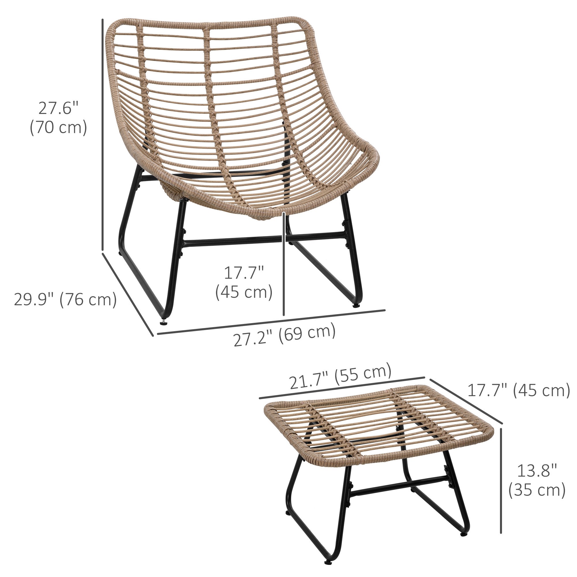Outsunny Rattan Chair w/ Stool, Cushion, Adjustable Foot Pads, Natural