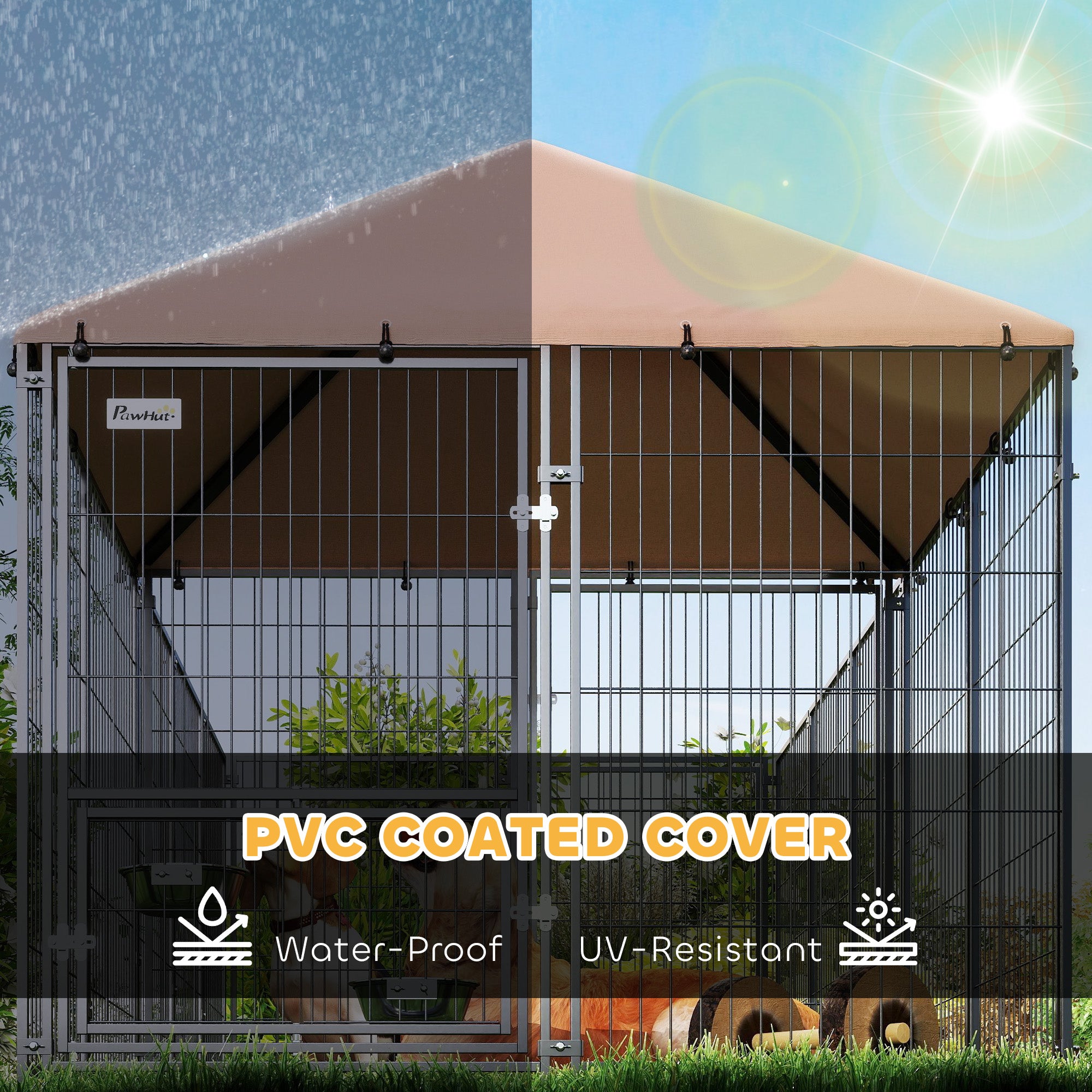 PawHut Outdoor Dog Kennel with Rotating and Adjustable Height Bowls, Waterproof UV-Resistant Cover, 11.3' x 4.7' x 5.1'