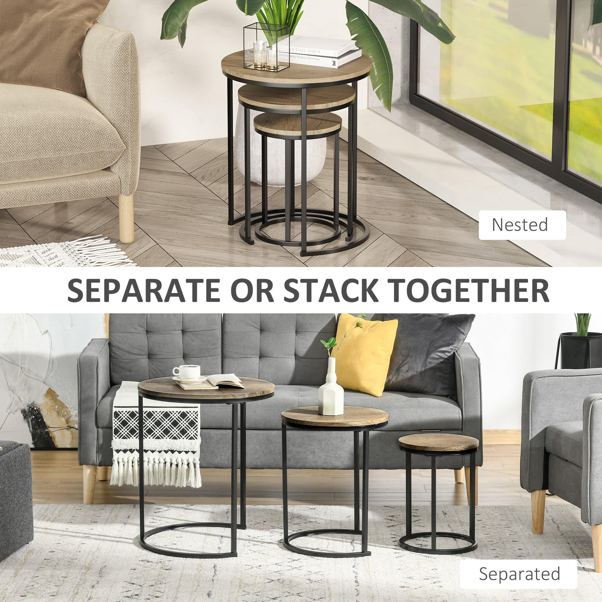HOMCOM Nesting Tables Set of 3, Round Coffee Table, Stacking Side Tables with Steel Frame for Living Room