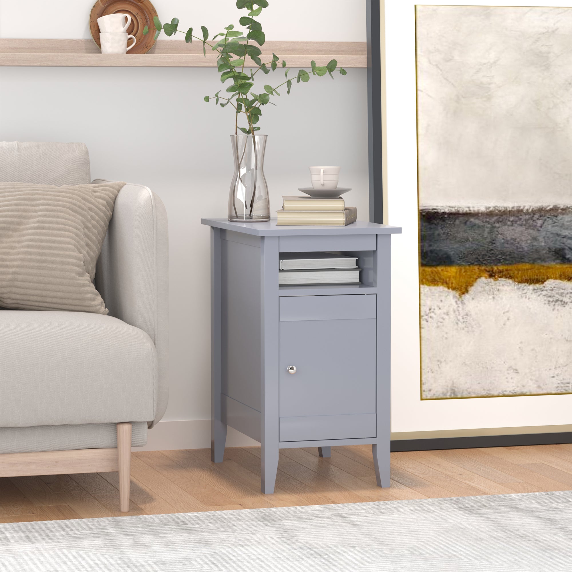 HOMCOM Wooden3-Tier Modern Nightstand with Pullout Shelf, Adjustable Open Shelf, and Door Cabinet, Grey