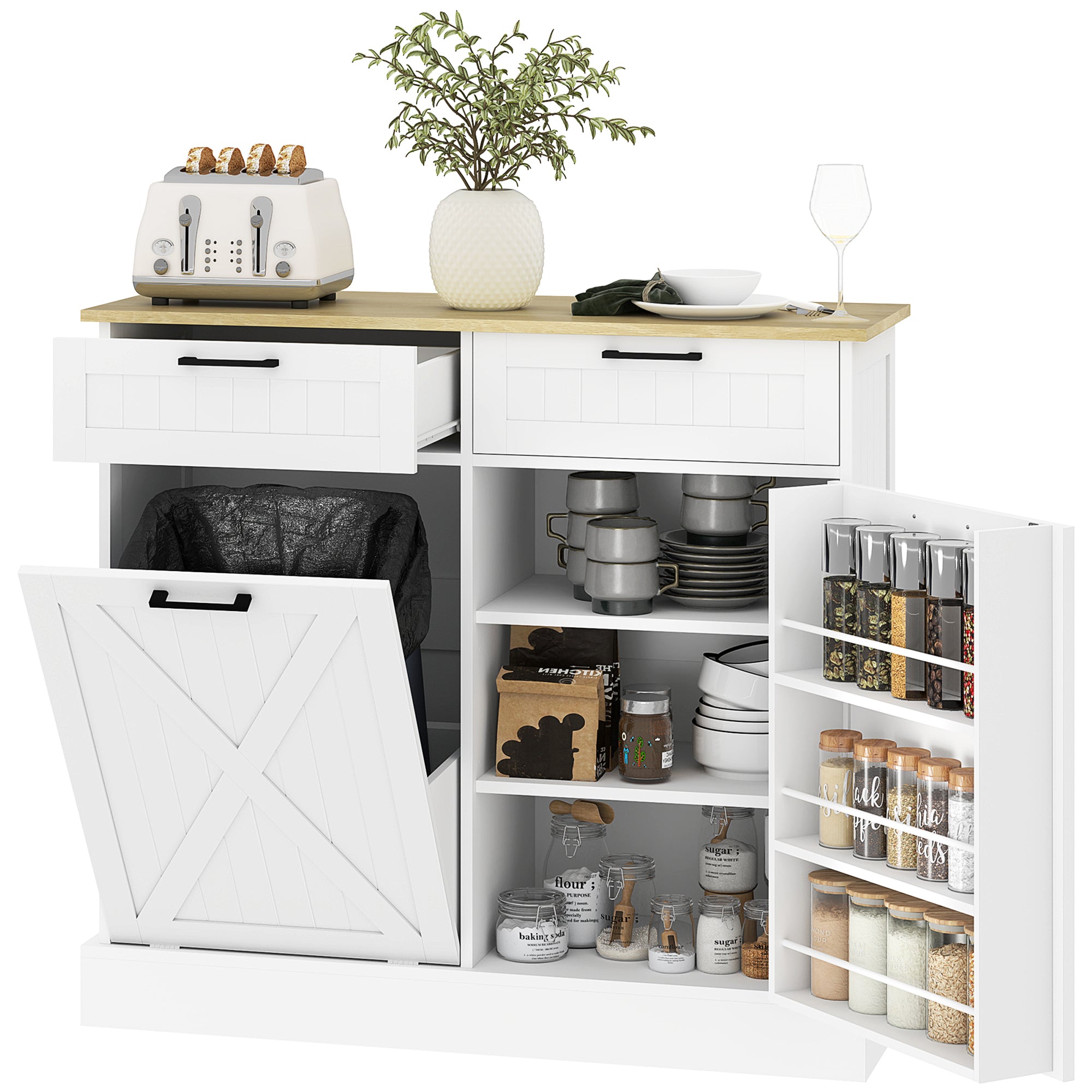HOMCOM 10 Gallon Hidden Garbage Bin Cabinet, Tilt Out Trash Cabinet w/ 2 Drawers, Freestanding Kitchen Island, White