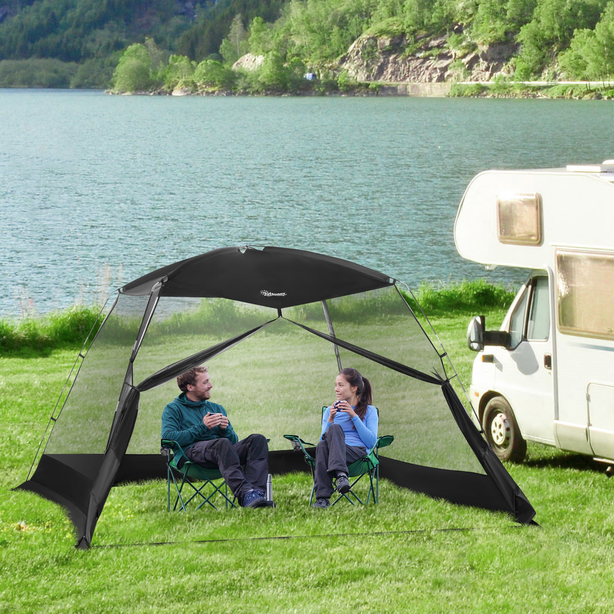 Outsunny 10 x 10 ft Canopy Screen Tent, Outdoor Screen House Camping Gazebo with Portable Carry Bag for 4-6 People, Black