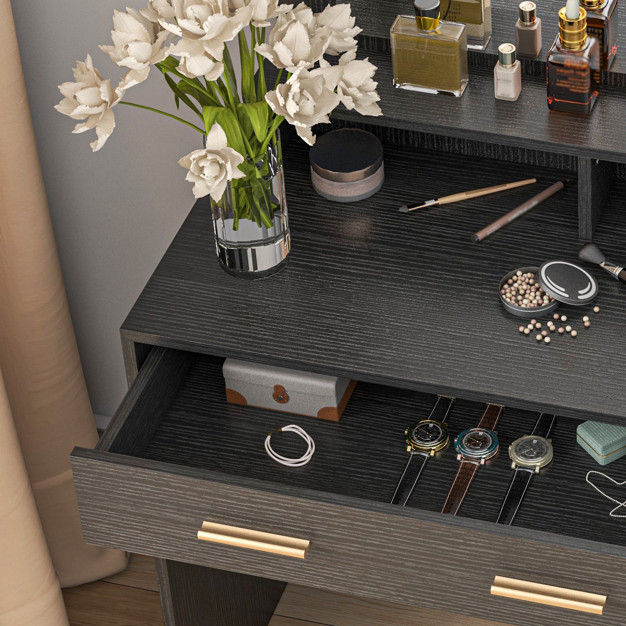 HOMCOM Illuminated Dressing Table Set, LED Vanity Table Set with Stool, LED Mirror, Drawer and Cabinet Shelves for Bedroom