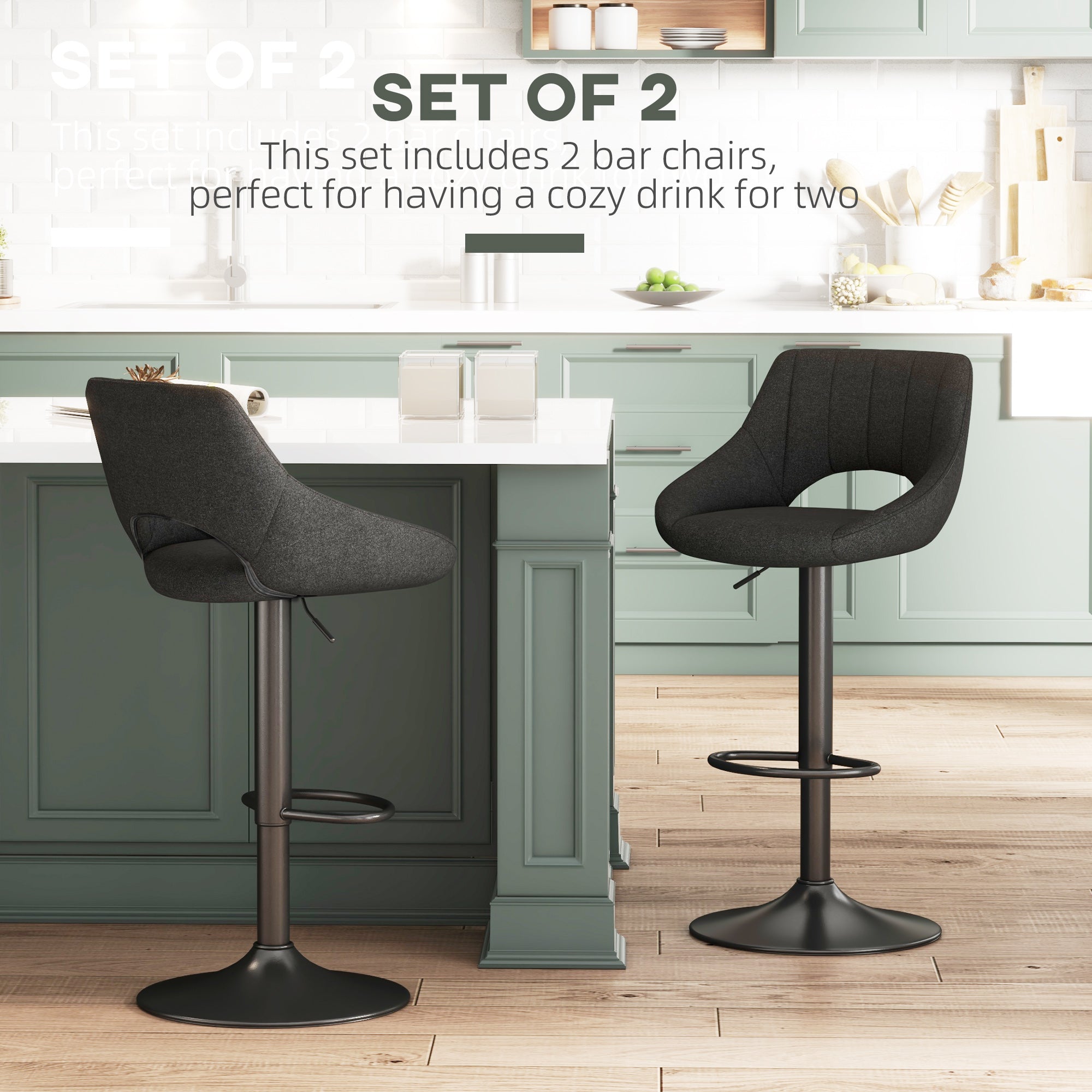 HOMCOM Swivel Bar Stools Set of 2, Linen Upholstered Counter Height Barstools with Round Metal Base